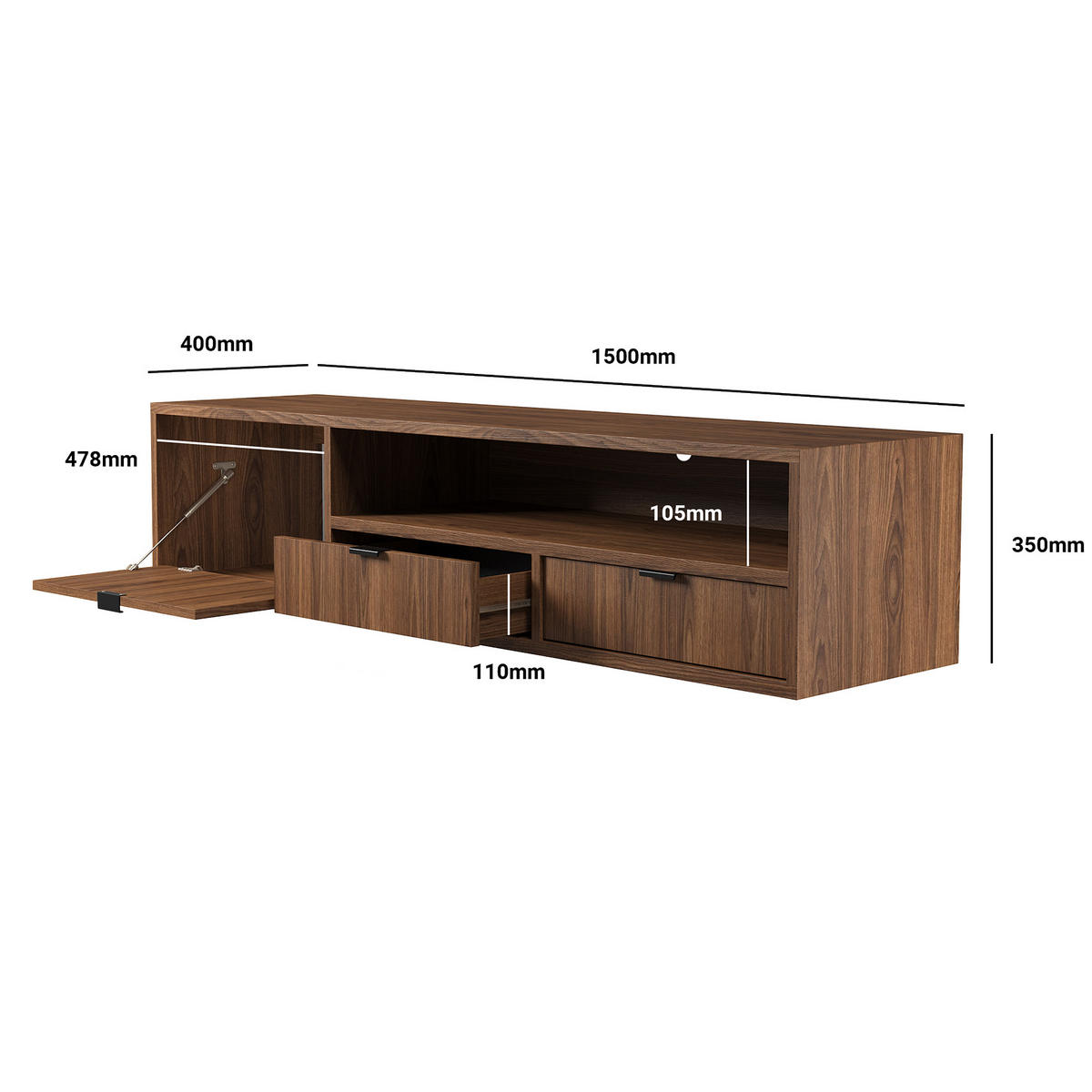 HÄNGELOWBOARD Evron mit 2 Schubladen und 1 Tür, 150 cm, Walnuss - Walnussfarben, Holzwerkstoff (150/35/40cm) - Beautysofa
