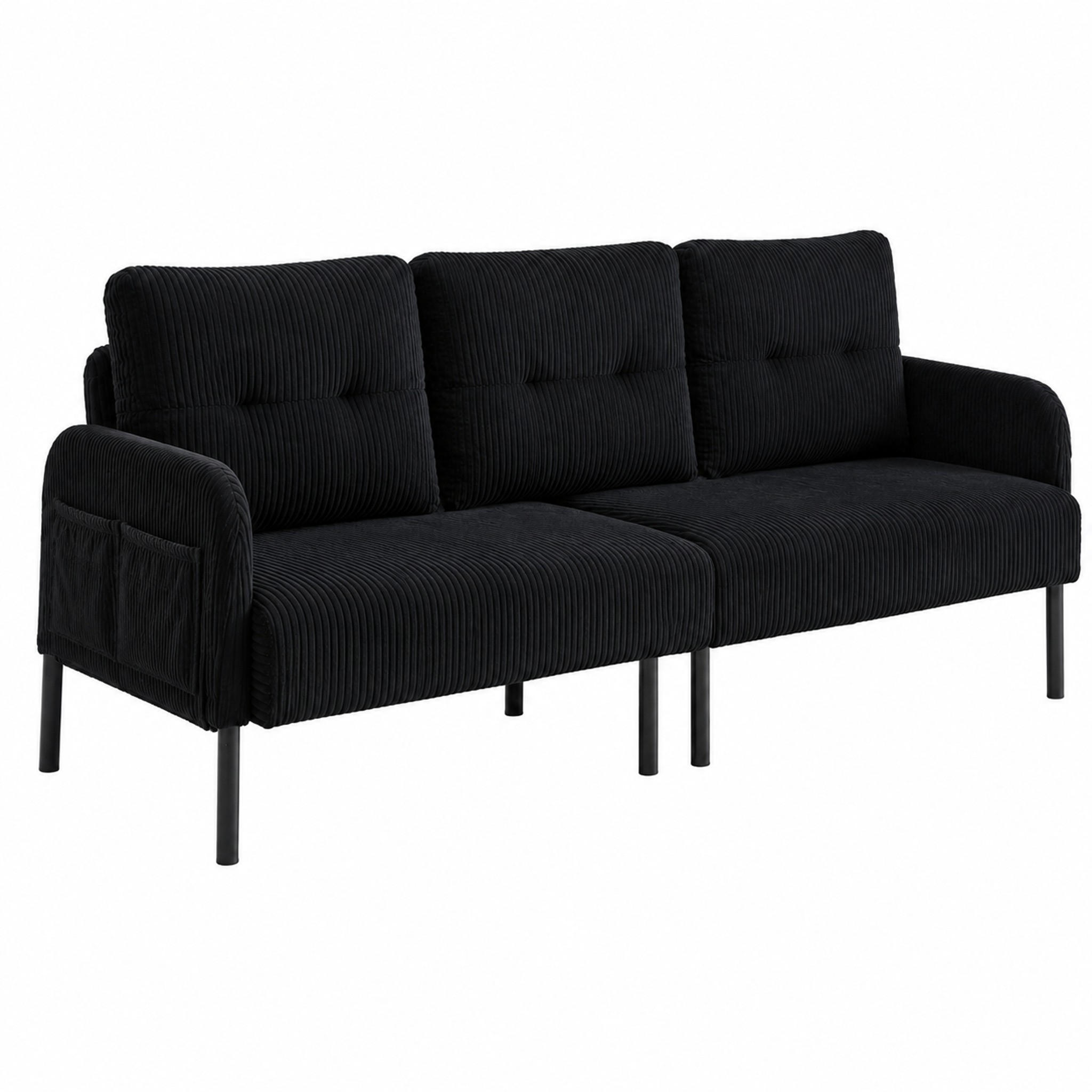 SOFA 3-Sitzer mit Seitentasche Cord Schwarz - Schwarz, Kunststoff (171/80/72cm) - Meubliv