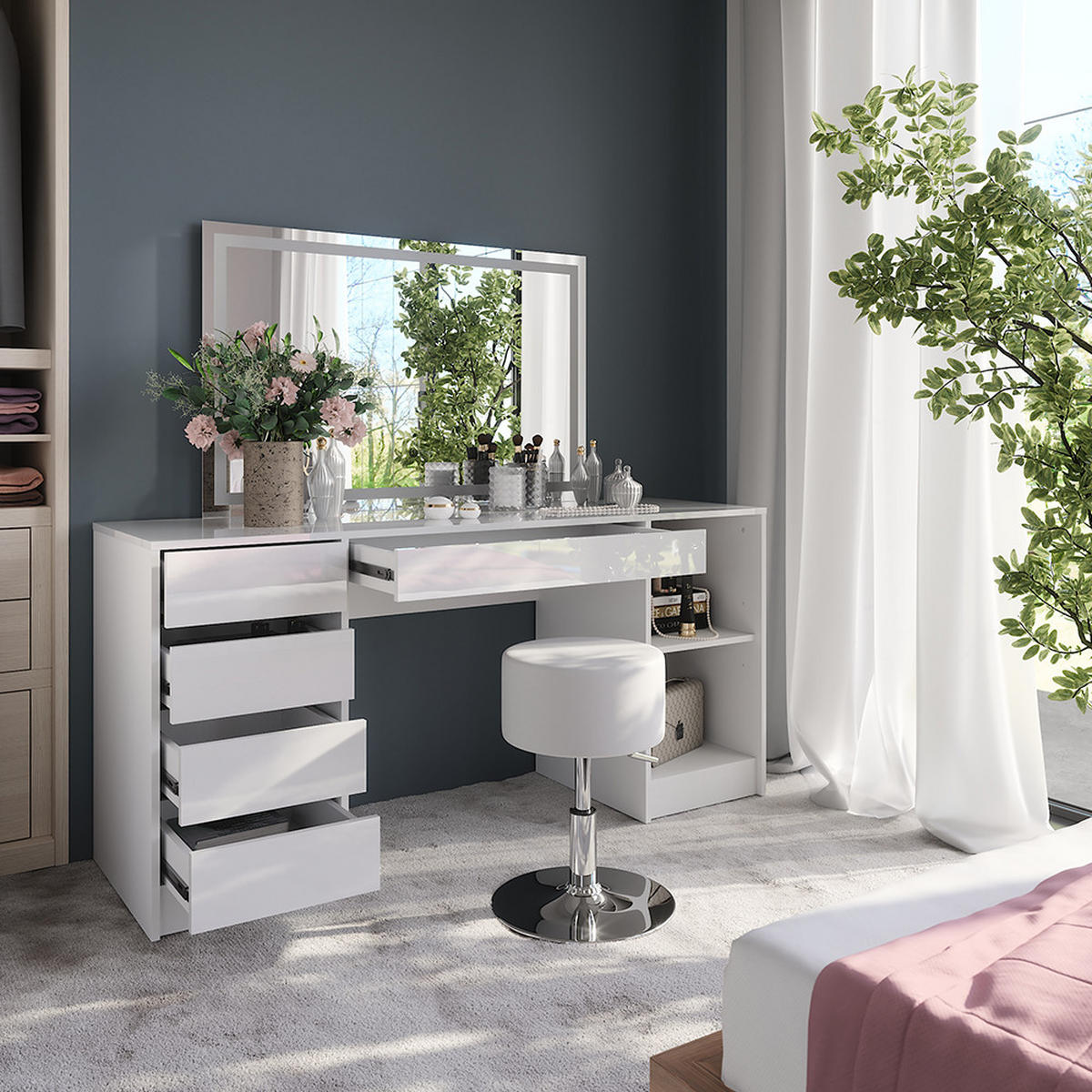 SCHMINKTISCH Sherry Weiß/Weiß Hochglanz 158.2 cm mit LED-Spiegel und Hocker - Weiß Hochglanz, Holzwerkstoff (158.2/76/50.1cm) - Vicco