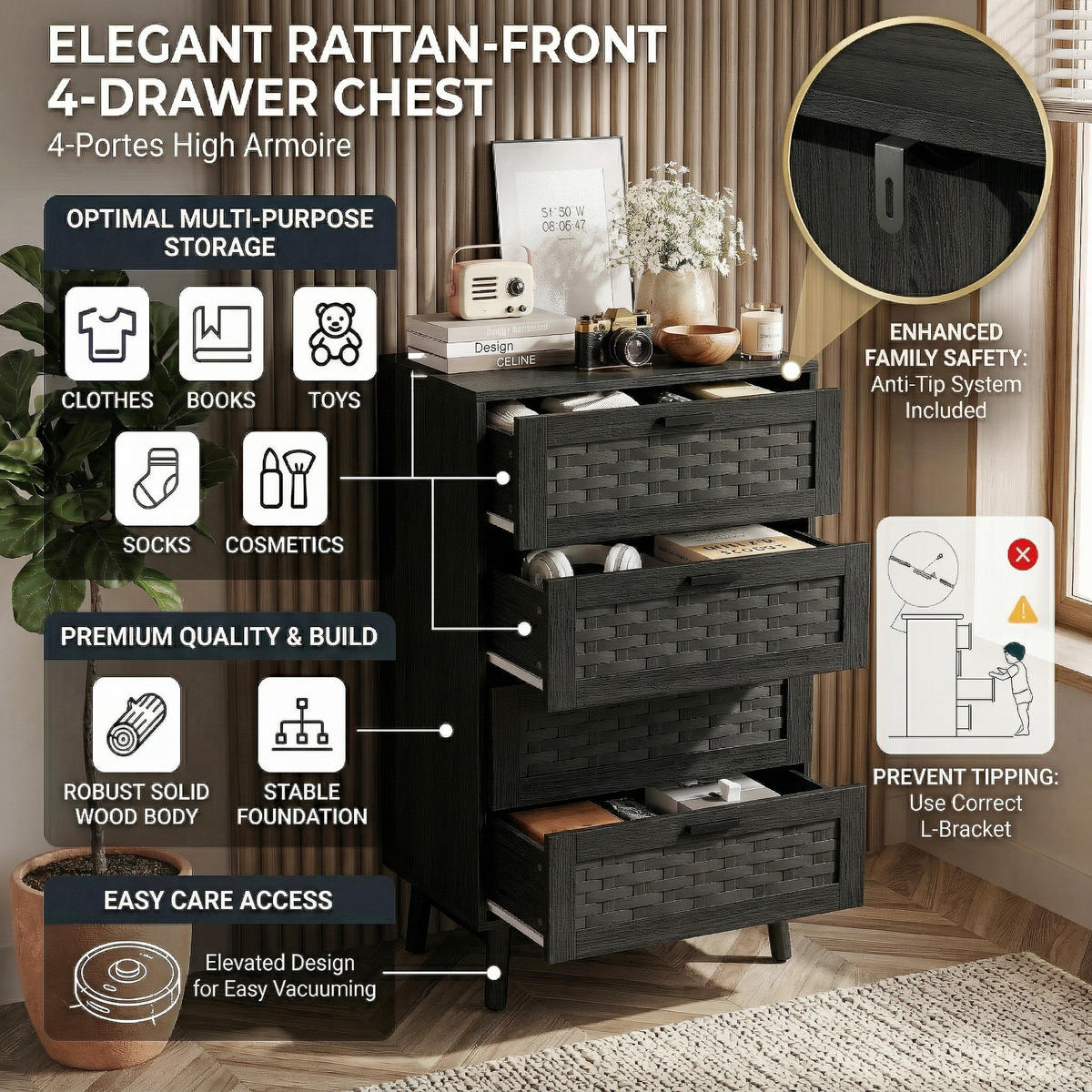 KOMMODE Japandi mit 4 Schubladen in Rattan-Optik 55/40/95 cm Schwarz - Schwarz, Holzwerkstoff (55/95/39.8cm) - Creahappy