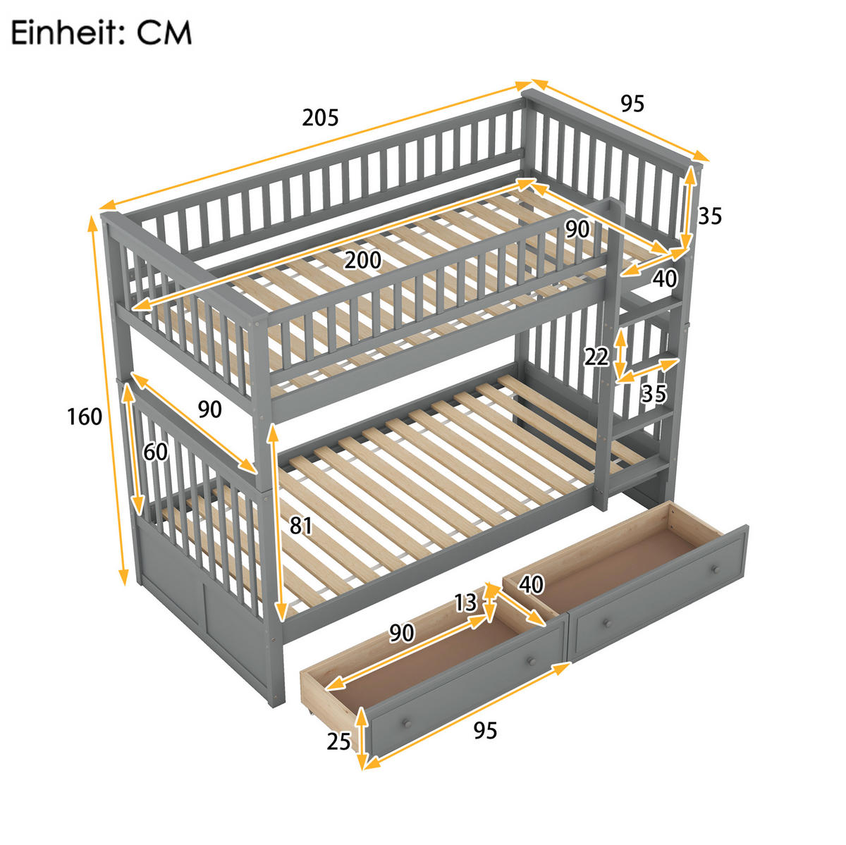ETAGENBETT 90/200 cm mit 2 Schubladen und Umbaufunktion zu 2 Einzelbetten, Kiefer/MDF, Grau - Grau, Holzwerkstoff (90/200cm) - Redom