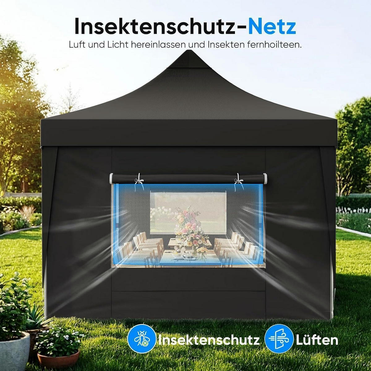 FALTPAVILLON 3x6m wasserdicht mit Seitenwänden UV-Schutz 50+ Stahlrahmen Schwarz - Schwarz, Textil (585/310/293cm)