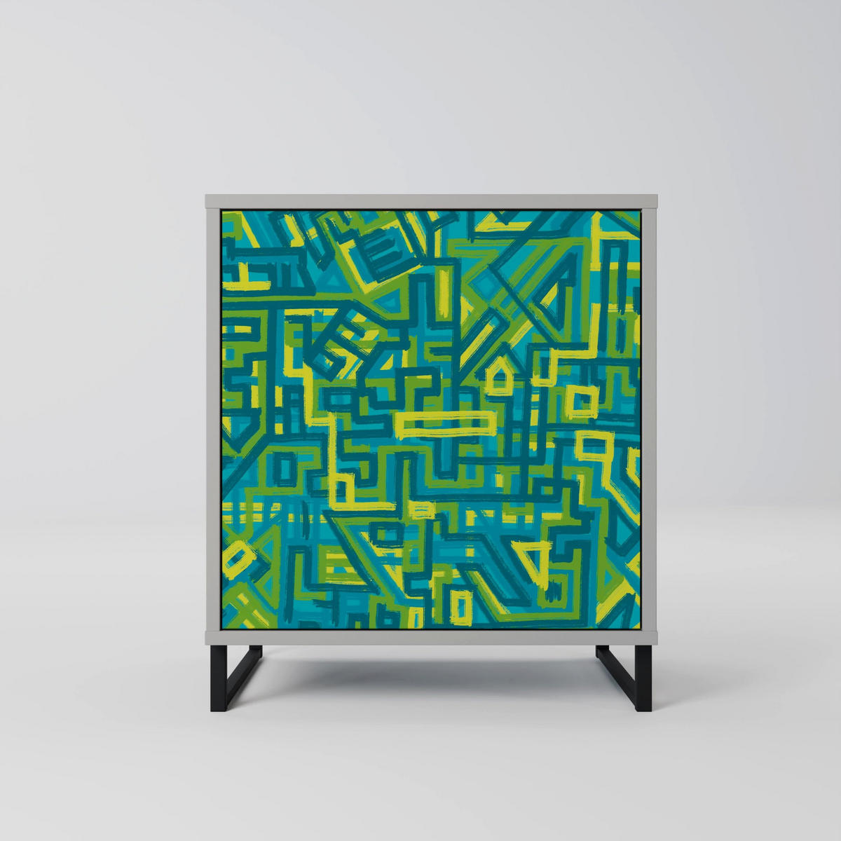 SIDEBOARD NOSTALGIC MEMORIES, Grau, 57,5x42x70,5 cm, Schwarze Metall-Sternfüße - Multicolor/Schwarz, Holzwerkstoff/Metall (57.5/70.5/42cm) - SpaceRebels