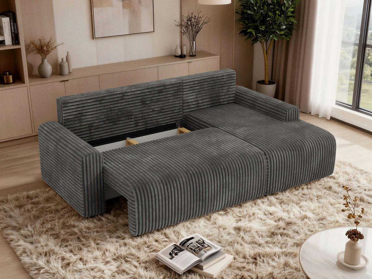 ECKSOFA NESSARO L Grau Cord - Rechts Seite - Schwarz/Grau, Kunststoff/Textil (151/244cm) - MKS