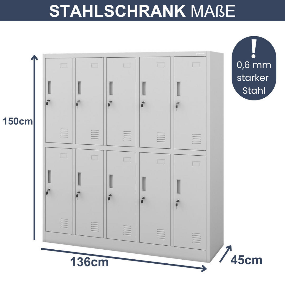 UMKLEIDESCHRANK Spind BARTUS 10 Abteile 150x136x45cm Grau - Grau, Metall (136/150/45cm) - Jan Nowak