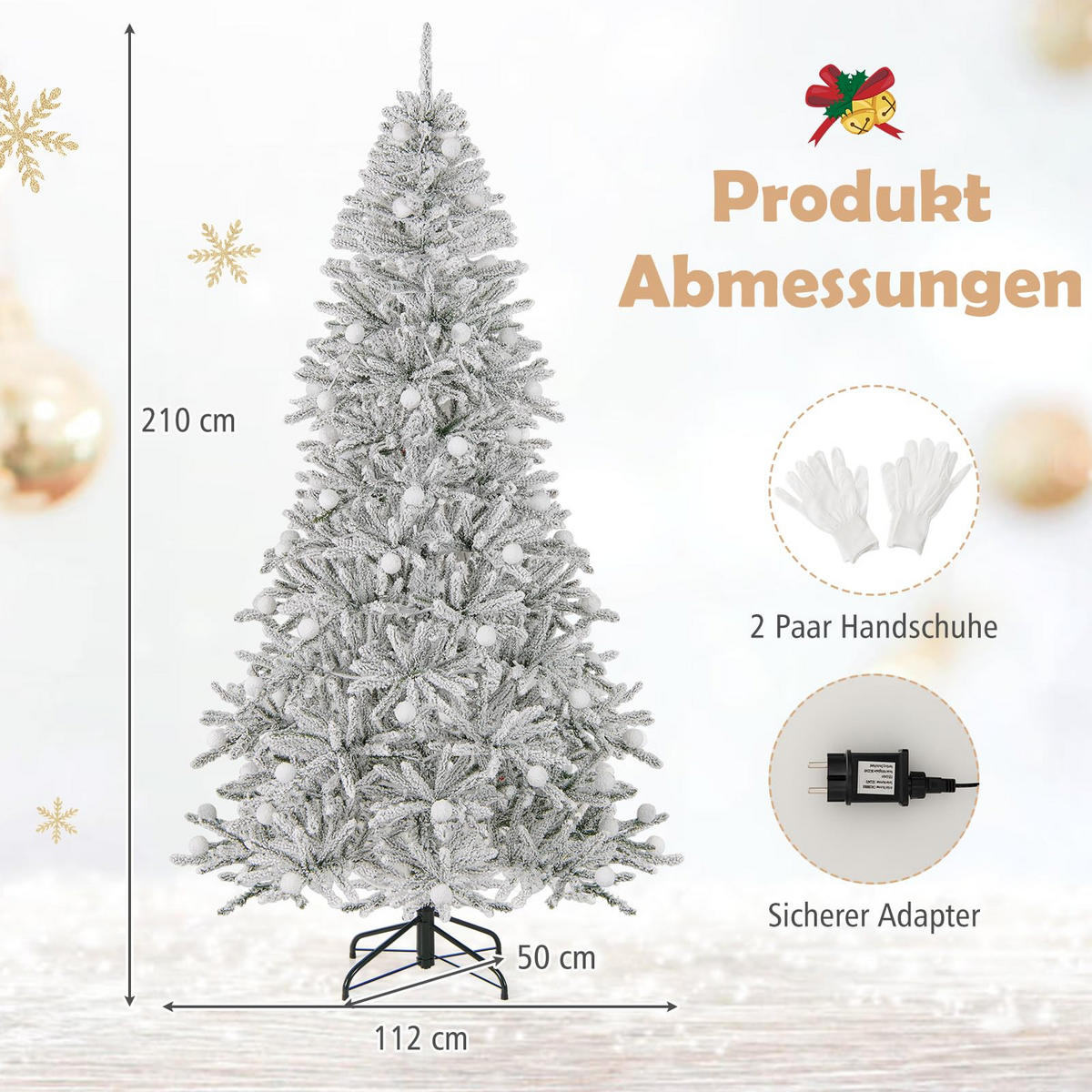 WEIHNACHTSBAUM mit Beleuchtung und Schnee Fernbedienung und Timer 210 cm weiß - Weiß, Metall (180cm) - COSTWAY
