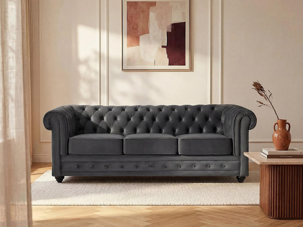 SOFA 3-Sitzer - Samt - Anthrazit - CHESTERFIELD - Anthrazit, Textil (205/72/88cm) - Vente-Unique