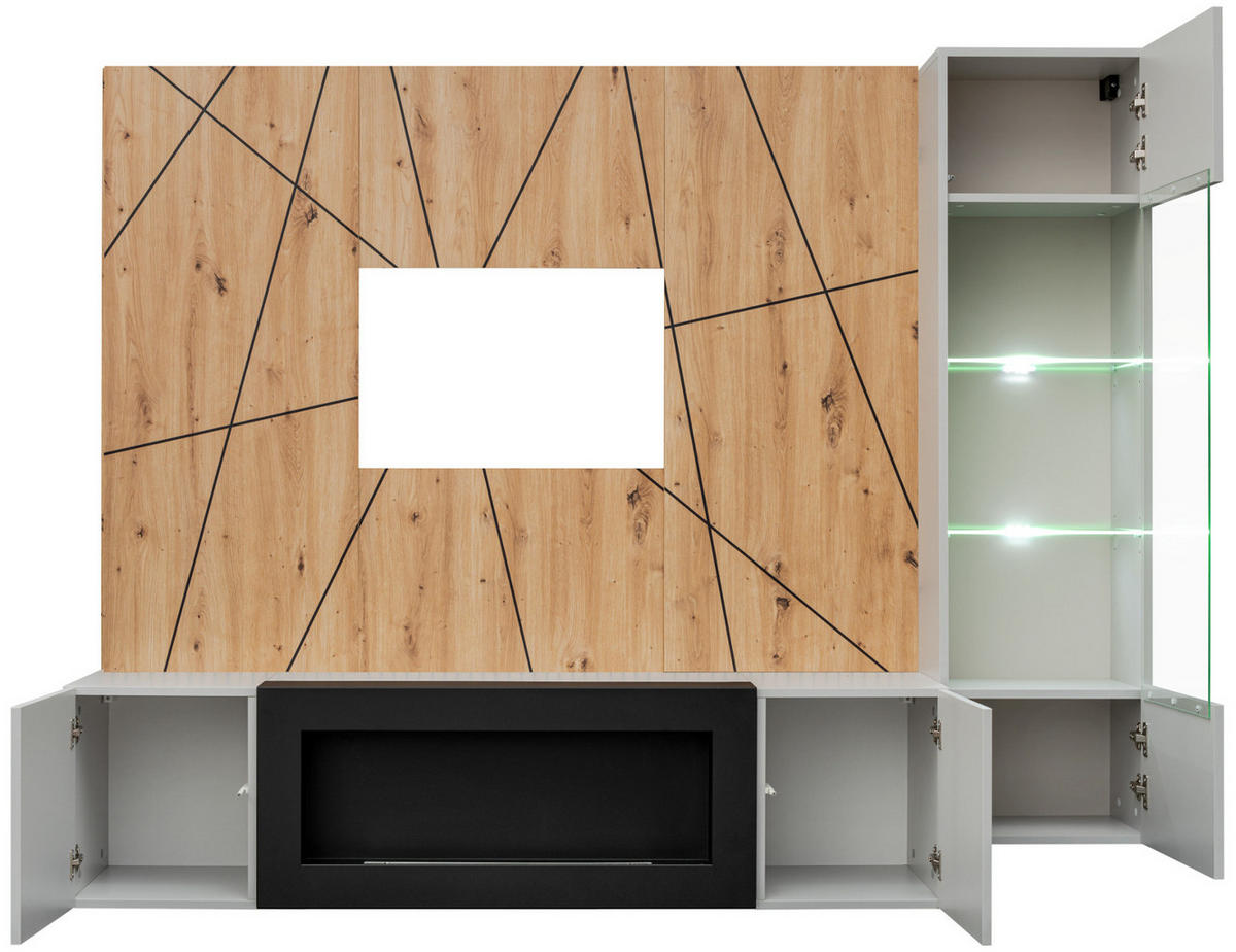 WOHNWAND hellgrau, schwarz, Eiche Artisan, Schrankwand 200 cm inklusive Ethanol Kamin - Hellgrau/Schwarz, Glas/Holzwerkstoff (200/148/35cm) - Inn.Furn