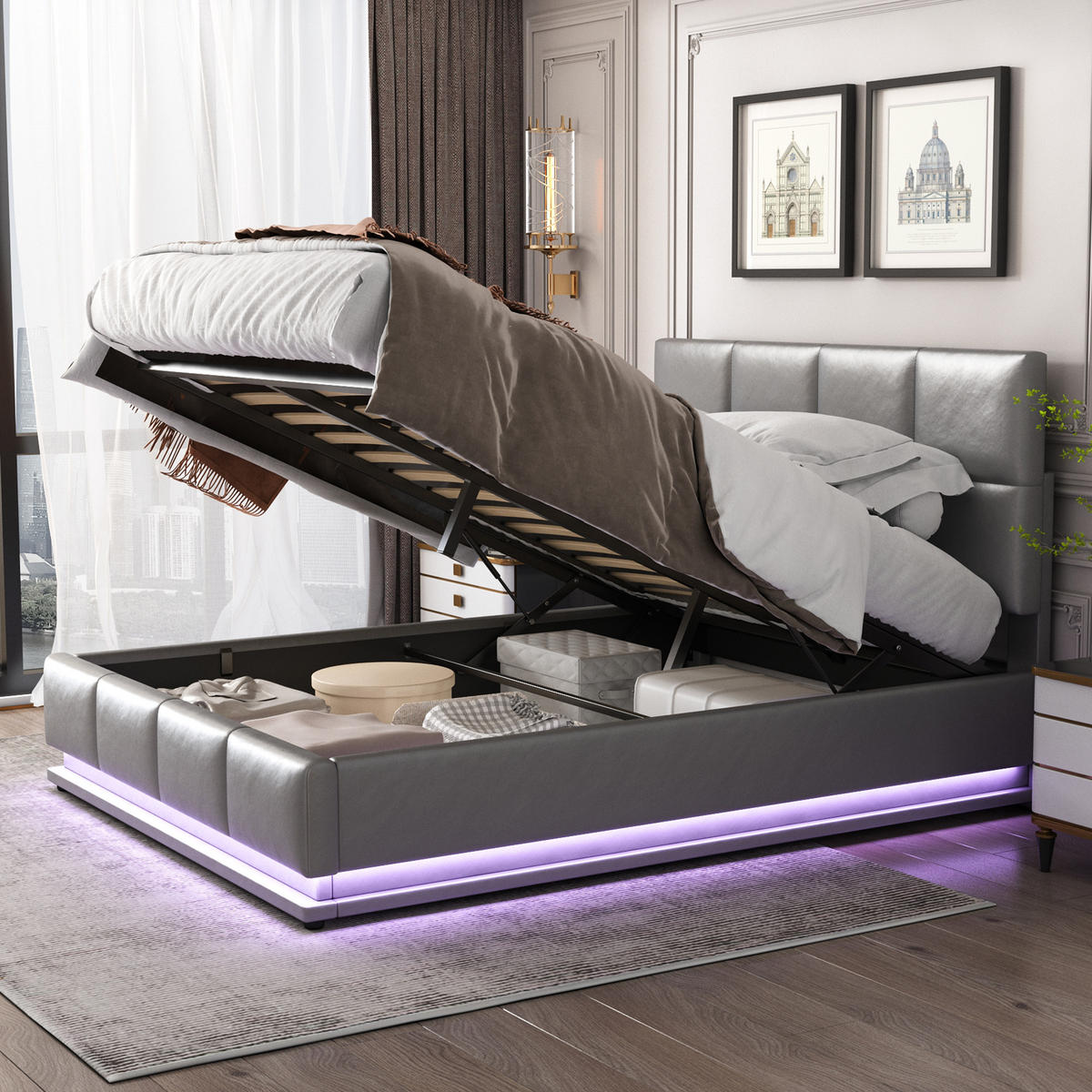 STAURRAUMBETT 140/200 cm DE-01566, in Grau, mit LED-Beleuchtung und hydraulischem Bettkasten - Grau, Metall (140/200cm) - ComfortXL