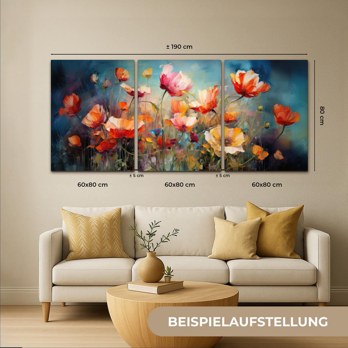 LEINWANDBILD 3er Set Blumen - Bunt - Abstrakt 180x80 cm - Blaugrau, Textil (180/80cm) - MuchoWow