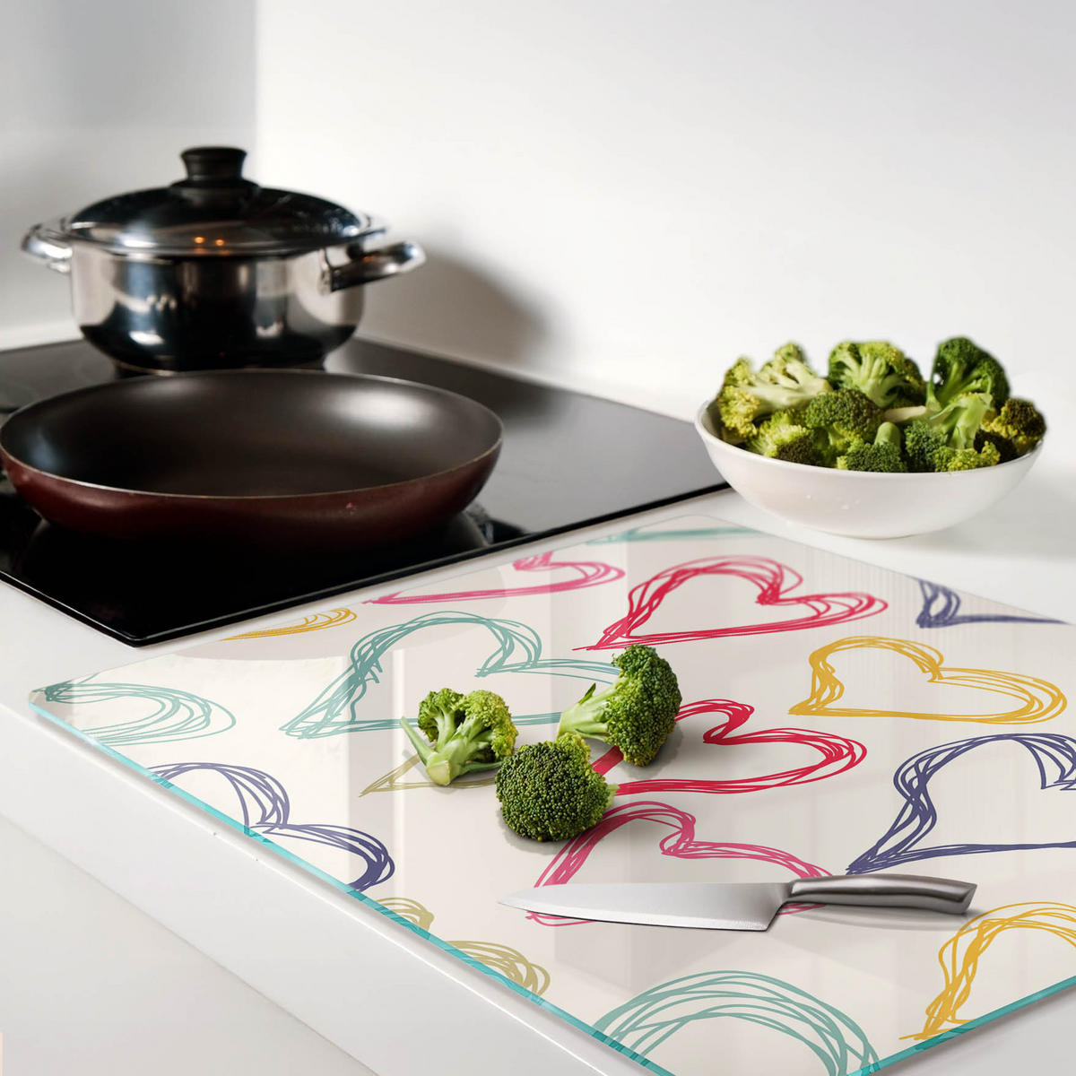 GLASPLATTE 60x52 cm Bunte Herzen - Multicolor, Glas (60/0.4/52cm) - TULUP