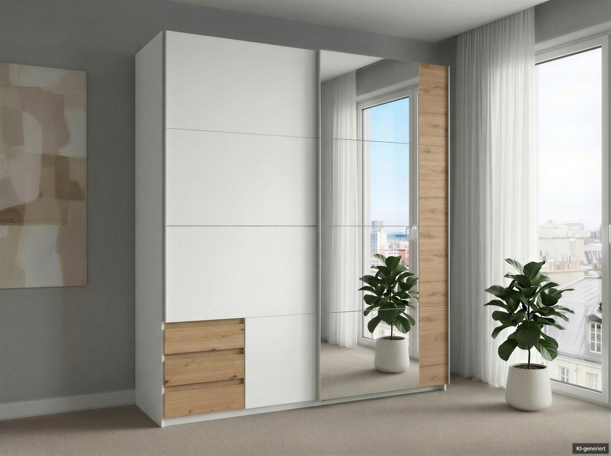 SCHWEBETÜRENSCHRANK 2-türig B179/H198/T65 cm, Kleiderschrank in Weiß mit Spiegel, 1x Tür & sichtbare Schubkästen in Eiche Artisan Dekor / 22704 - Alufarben/Weiß, Holz/Holzwerkstoff (179/198/65cm) - luma-home