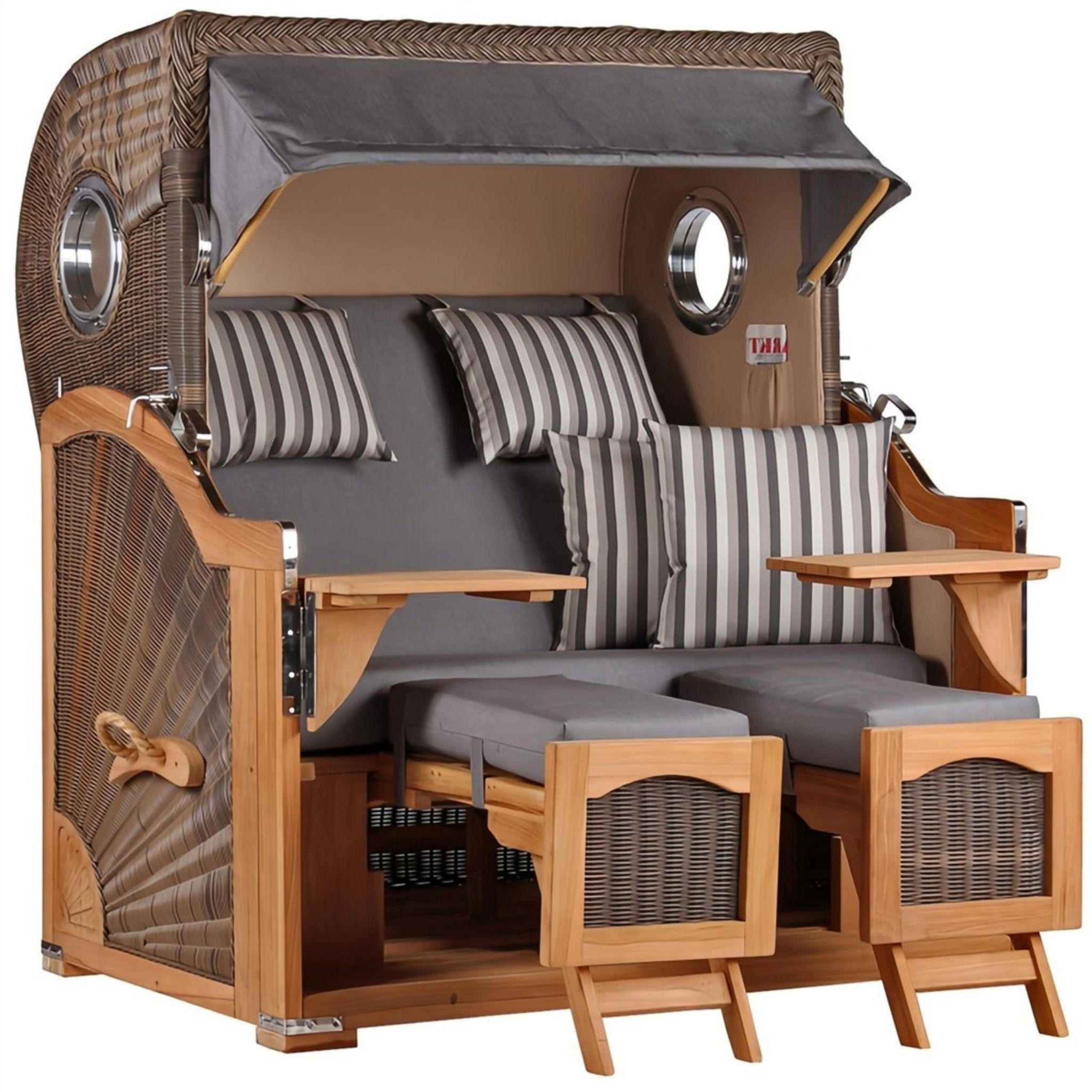 STRANDKORB Düne Grande Bullauge Teak PE Grey Dessin 544 - Braun/Grau, Metall (142/170/95cm) - Mr. Deko