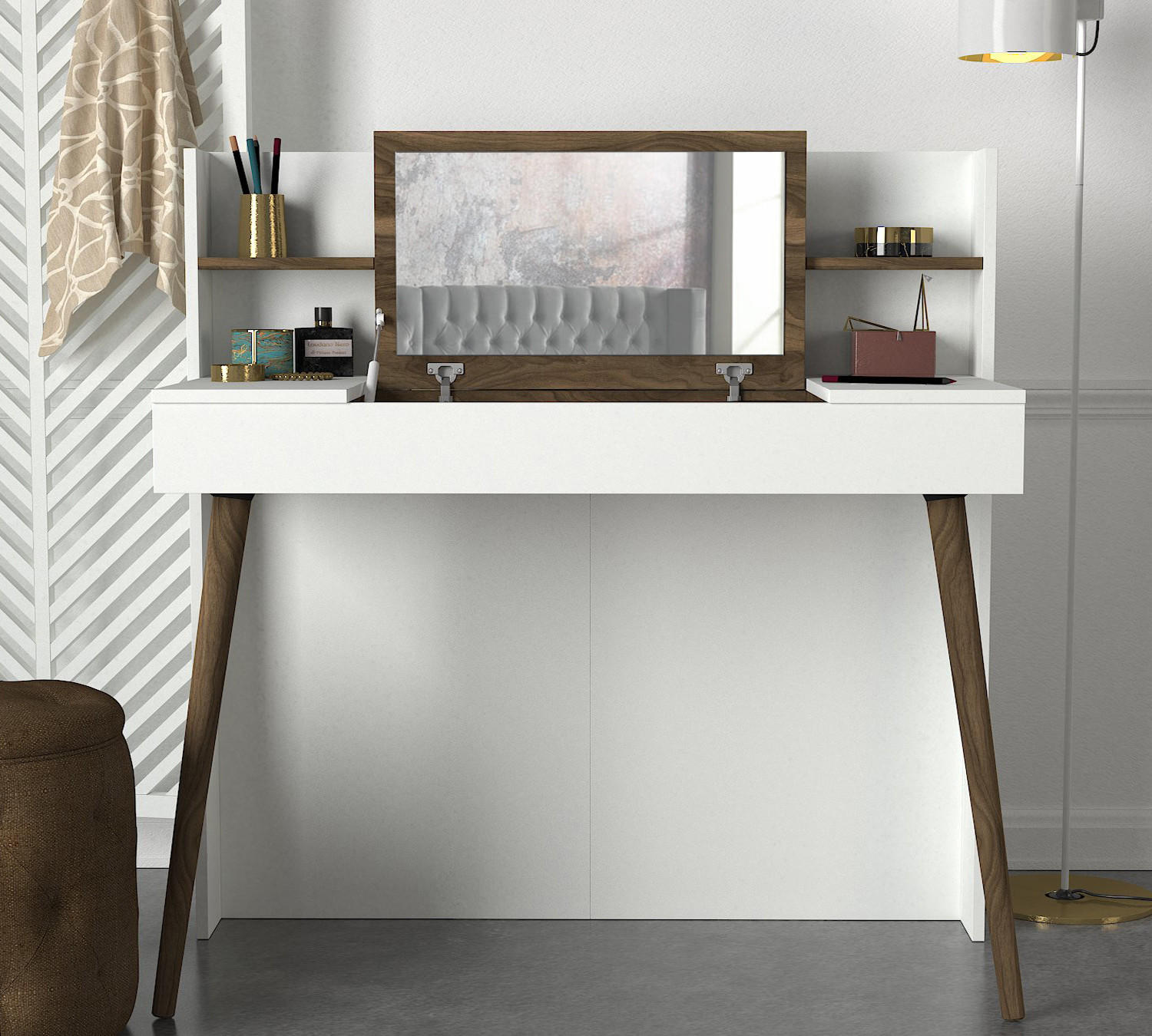SCHMINKTISCH Retro mit Spiegel Weiß Walnuss - Walnussfarben/Weiß, Holzwerkstoff (116/120/52cm) - moebel17