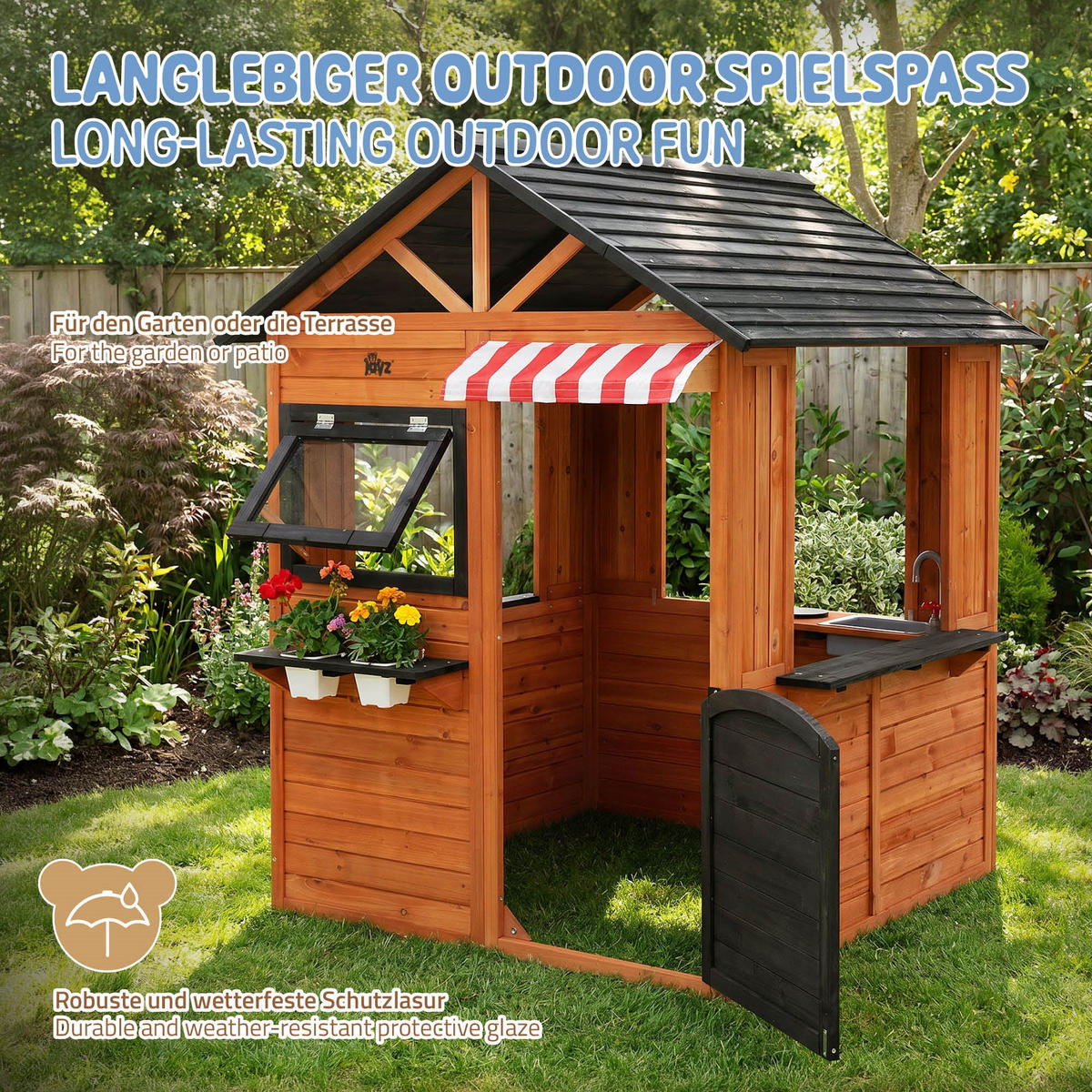 KINDERSPIELHAUS aus Tannenholz massiv 134 x 134 x 156,5 cm Braun - Braun, Holz (134/156.5/134cm) - Joyz
