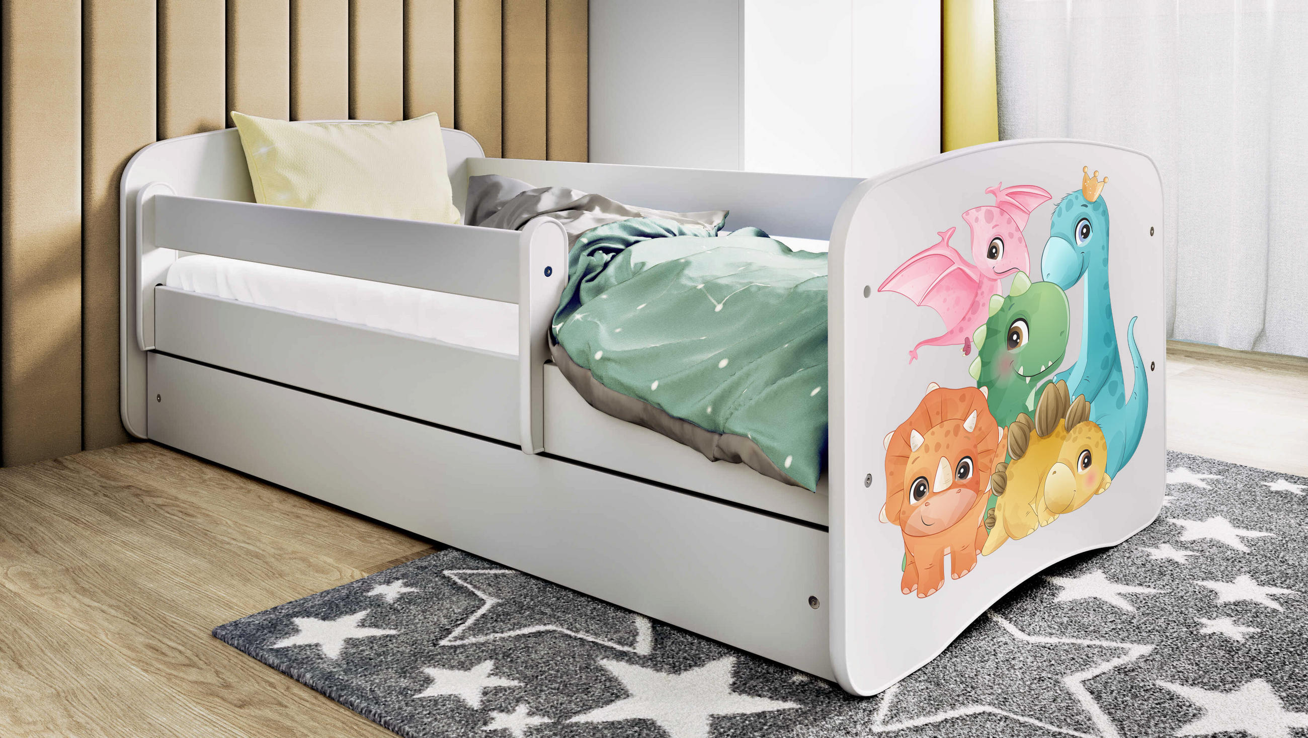 KINDERBETT Dino mit Schublade 140/70 80/61/144 - Weiß, Holzwerkstoff (80/140cm) - RAUMHIRSCH FURNITURE