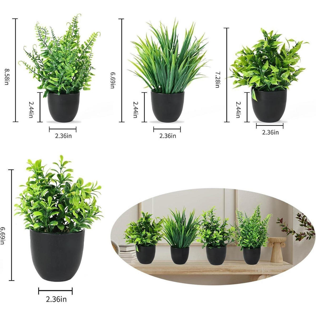 KUNSTPFLANZEN 4-teiliges Set mit Topf 23 cm - Grün, Kunststoff (8cm)