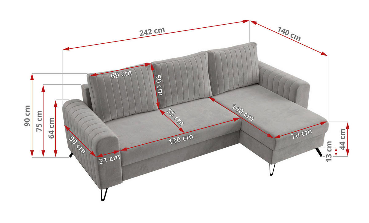 ECKSOFA Axel Velvet Hellgrau - Hellgrau/Schwarz, Textil/Metall (242/140cm) - MKS