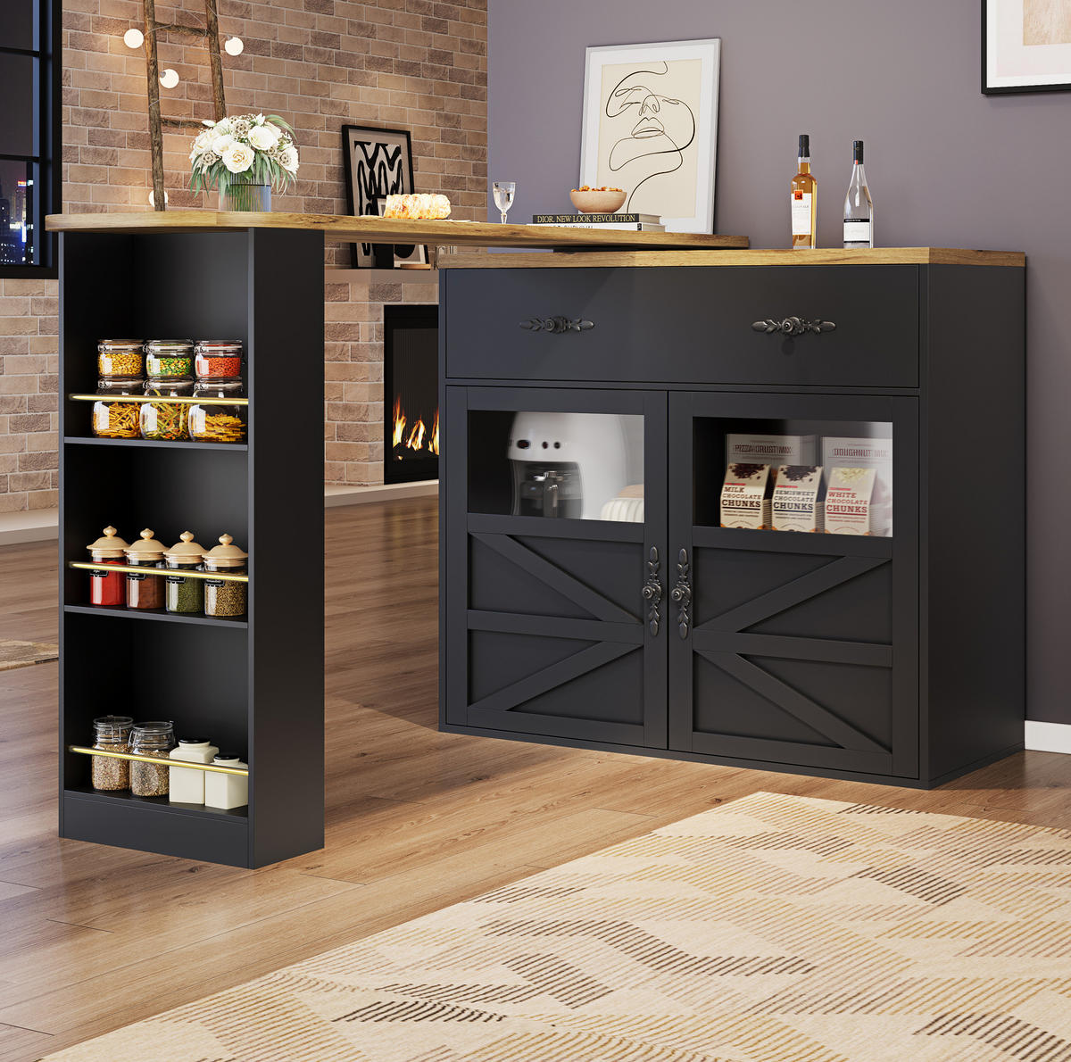 BARTISCH aus MDF, ausziehbar 138-204/39/104 cm mit 360° Drehfunktion & Stauraum, Schwarz - Schwarz, Holzwerkstoff (39/104/138cm) - Redom
