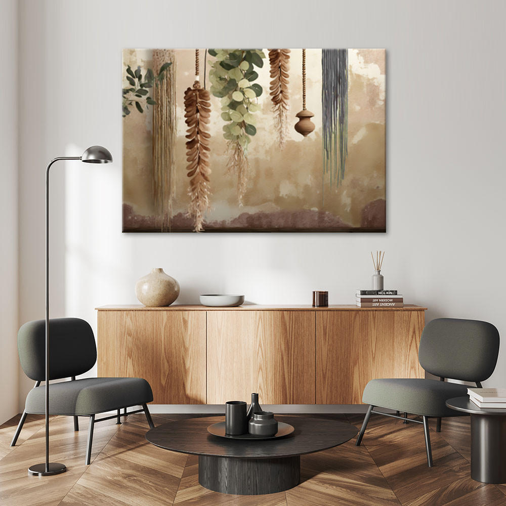 LEINWANDBILD Hängende Blätter Scandi Boho 100x70cm - Grün, Textil (100/70cm) - Feeby