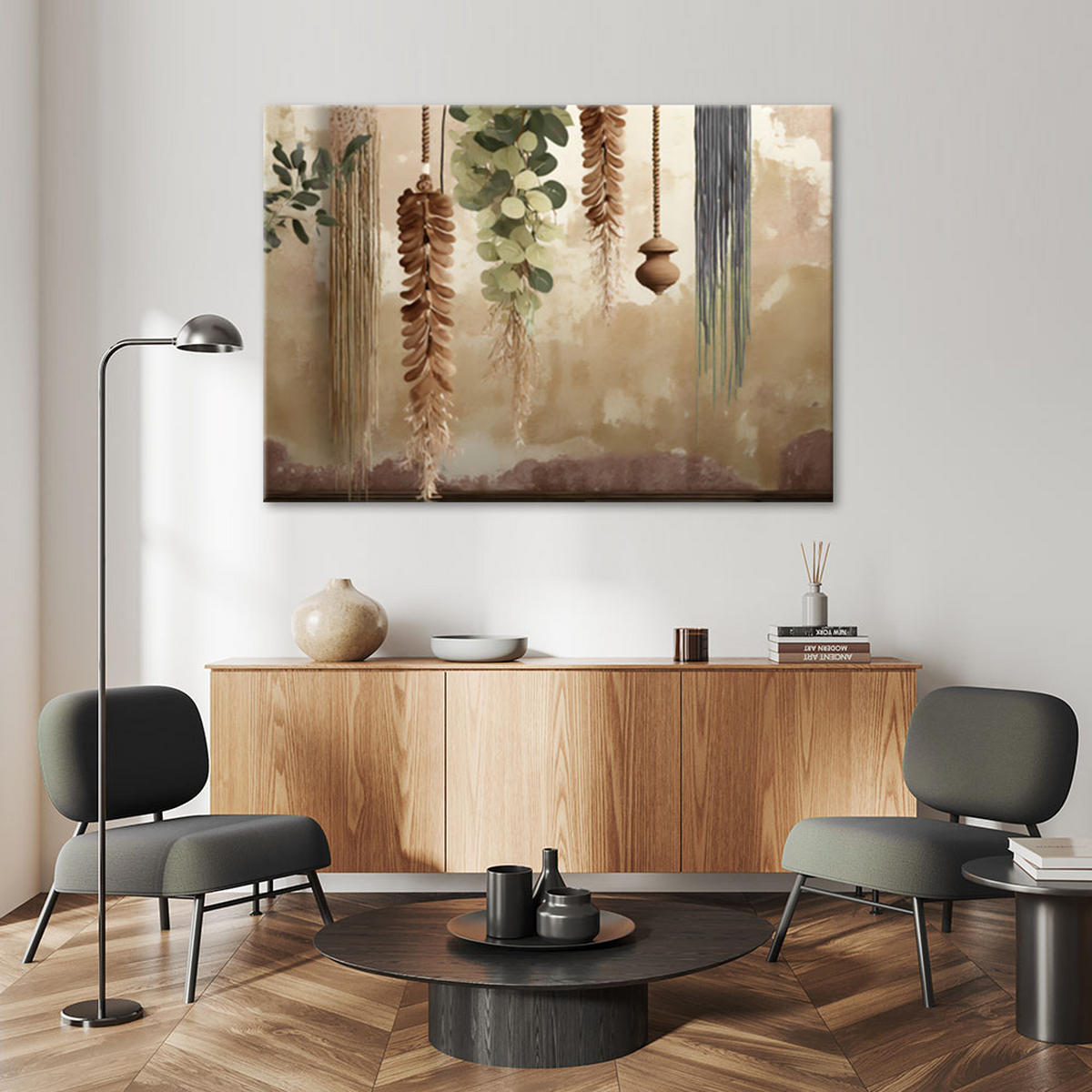 LEINWANDBILD Hängende Blätter Scandi Boho - Grün, Textil (100/70cm) - Feeby