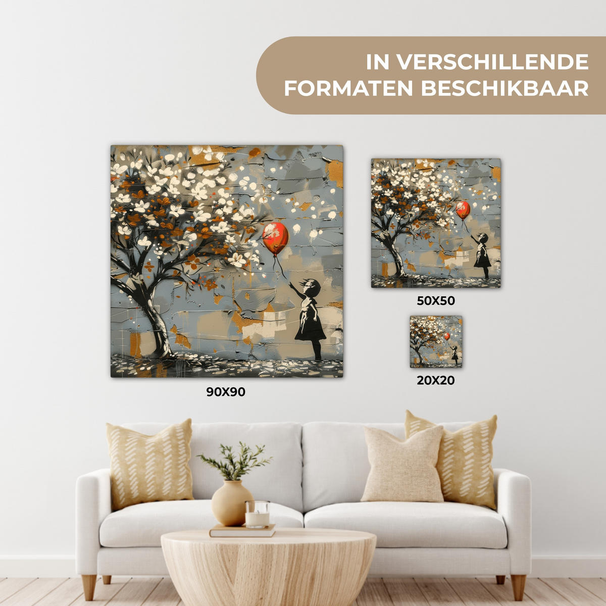 LEINWANDBILD Baum - Graffiti - Banksy-Stil - Ballon-Mädchen 20x20 cm - Blaugrau, Textil (20/20cm) - MuchoWow