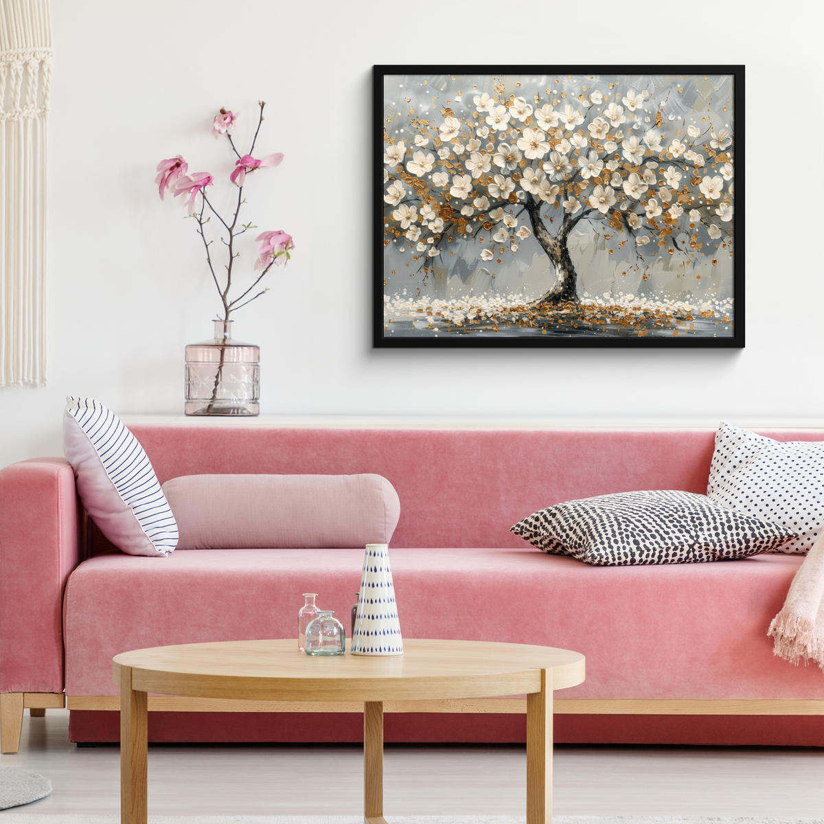 POSTER MIT RAHMEN Baum - Blumen - Weiß - Natur - Kunst 80x60 cm - Weiß, Papier (80/60cm) - MuchoWow