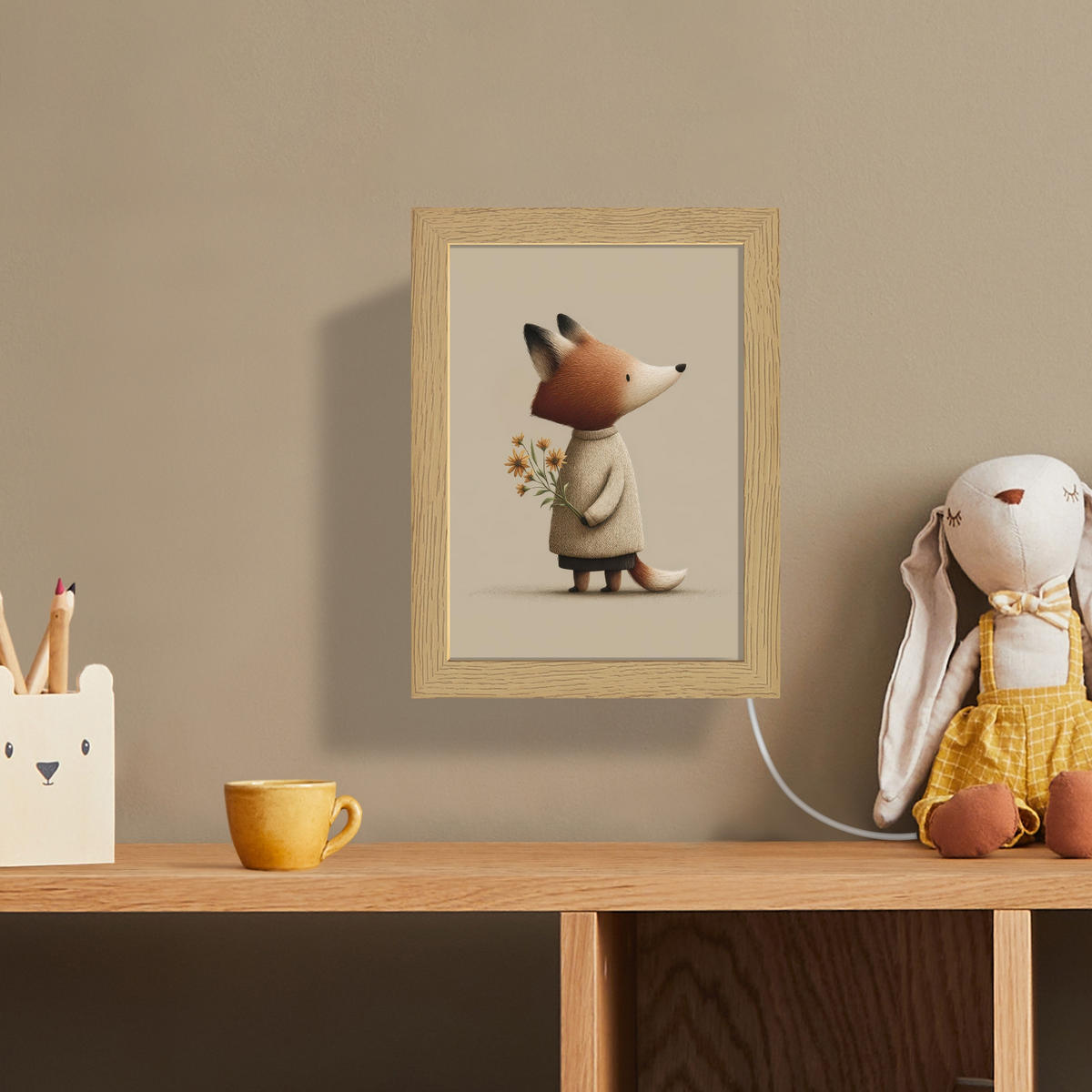 NÁSTĚNNÁ LAMPA Liška - Žluté květy - Minimalistický 15x20 cm - šedohnědá, kompozitní dřevo (15/20/8cm) - OnlyWow