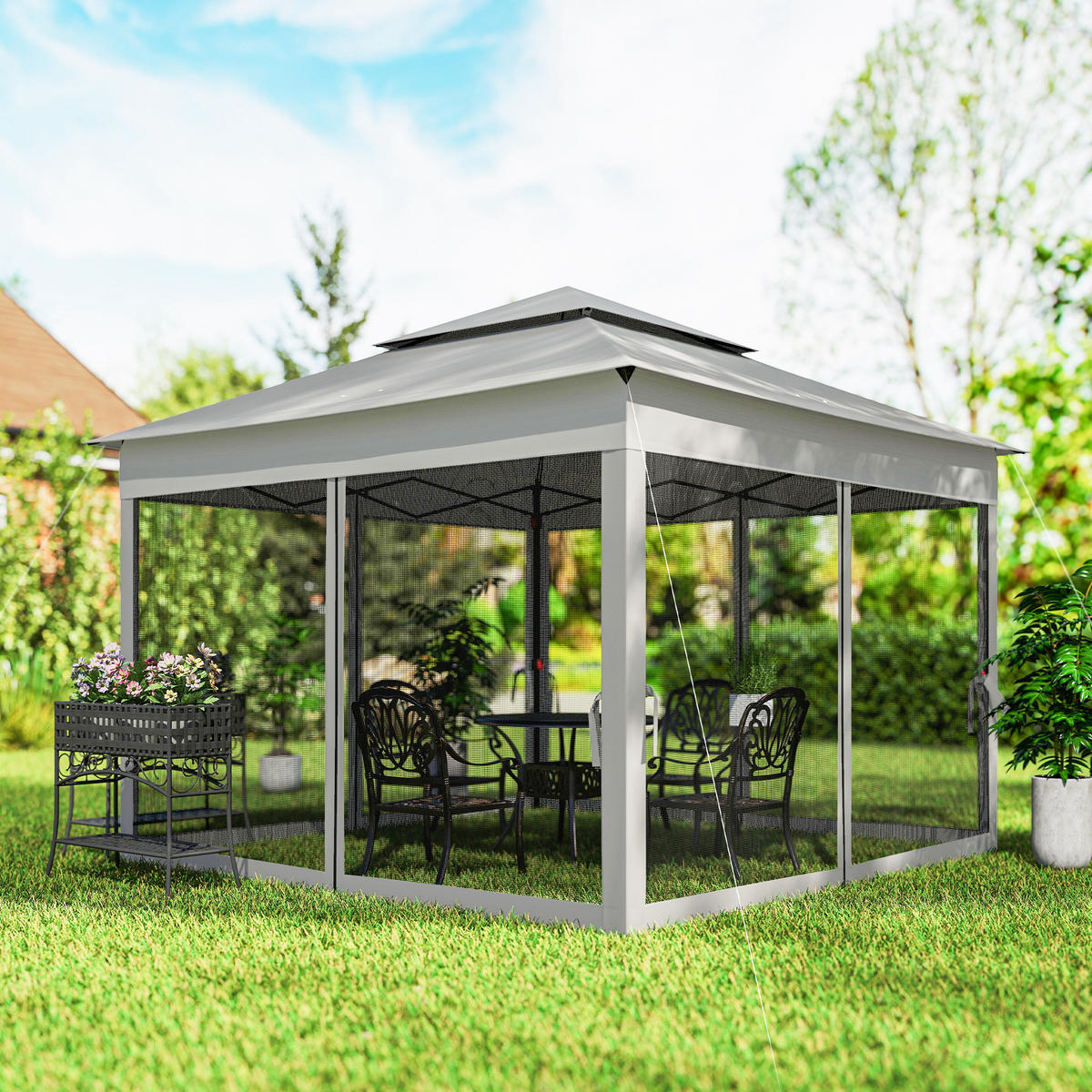 PAVILLON DE-14067 3/3 m, Doppeldach, 4 Moskitonetze - Grau, Metall (325/270/325cm) - ComfortXL