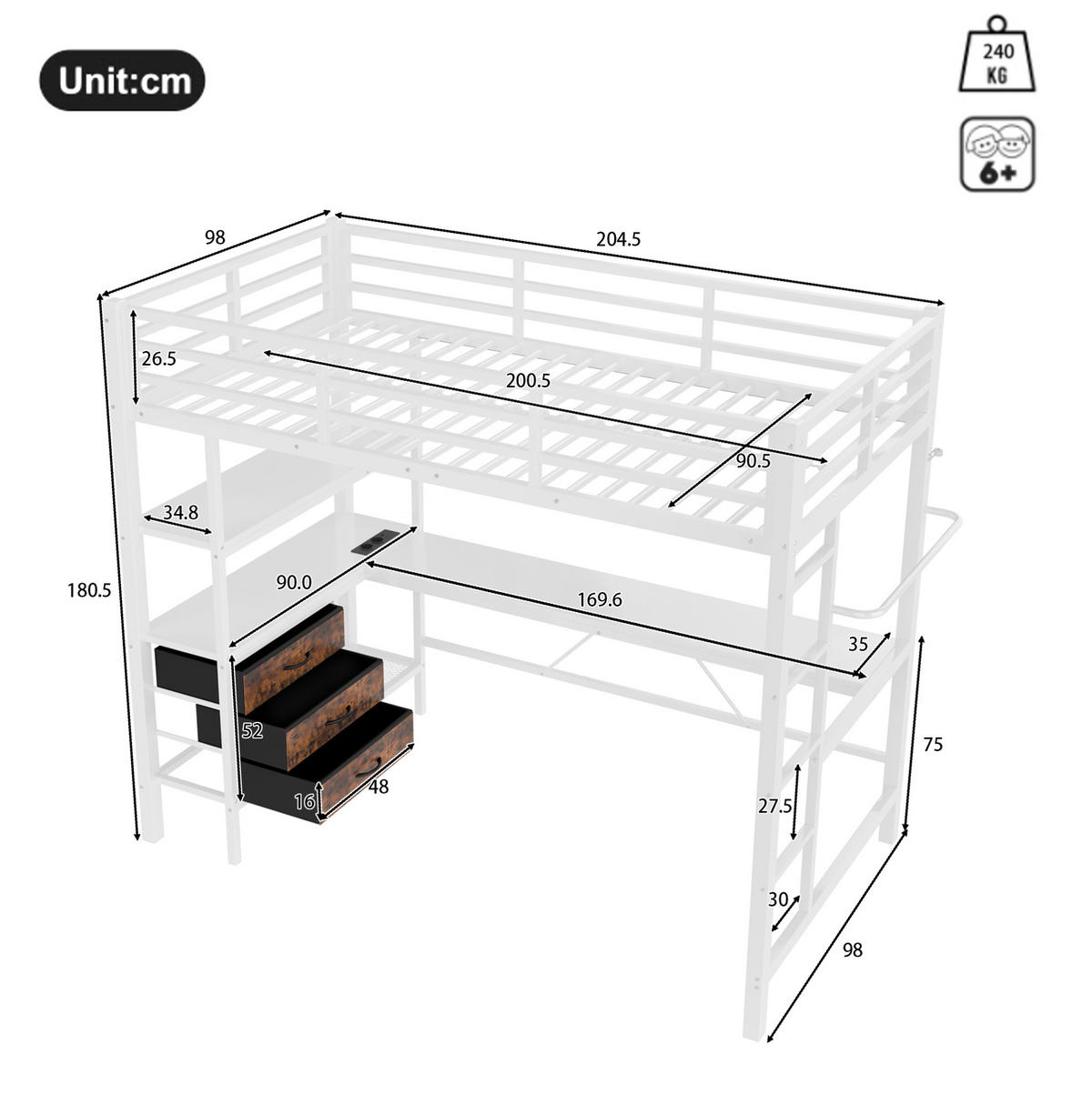HOCHBETT 90/200 cm in Weiß mit LED-Beleuchtung, Schreibtisch und 3 Schubladen - Weiß, Metall (90/200cm) - Flora Grace