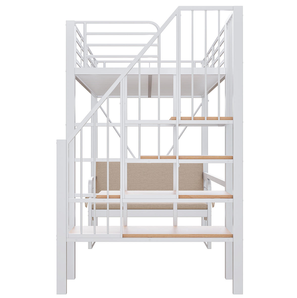 HOCHBETT 90/200 cm aus Metall und MDF mit abnehmbarem Polstersofa und Stauraumtreppe Weiß - Weiß, Metall (90/200cm) - Modenvie