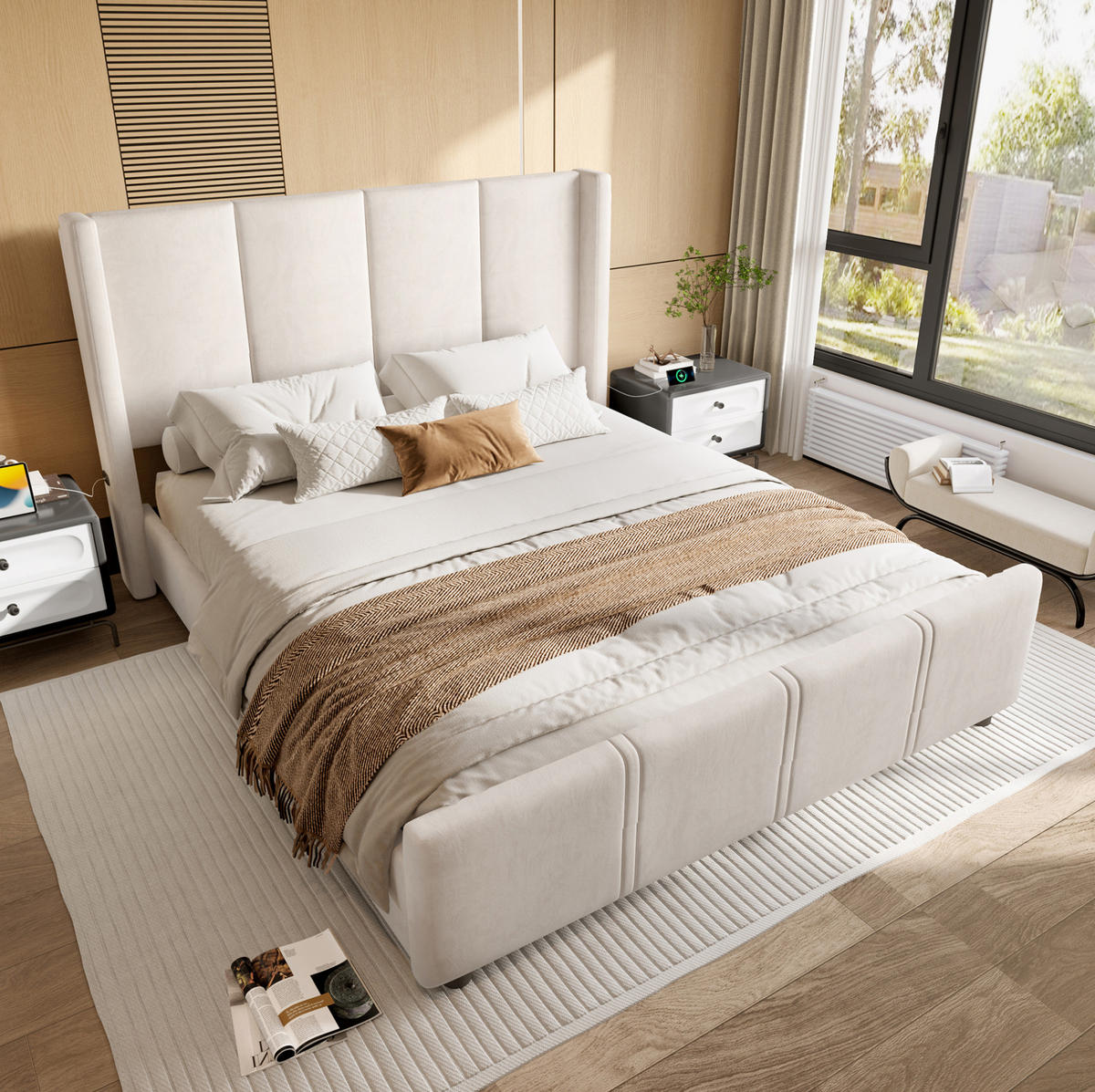 POLSTERBETT 140/200 cm aus Samt mit USB-Anschlüssen und hohem Kopfteil Beige - Beige, Textil (140/200cm) - Modenvie