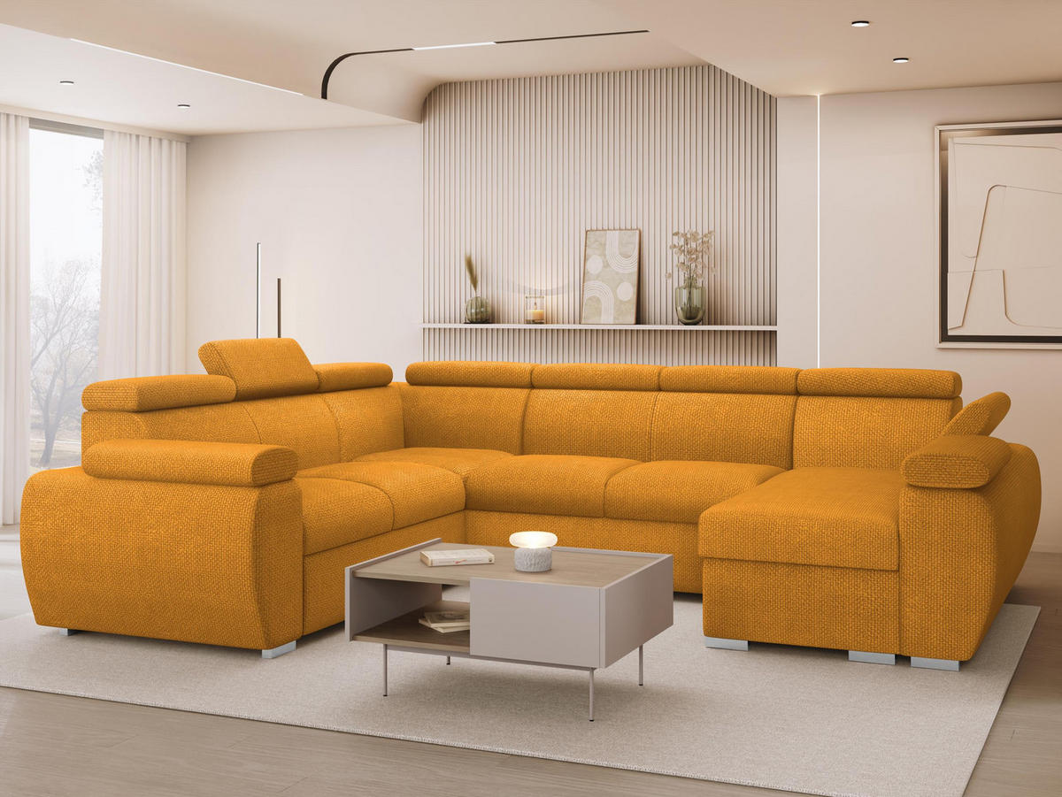 WOHNLANDSCHAFT Boston U, Seite: Rechts - 2R+R+2P+LC - Chromfarben/Currygelb, Holz/Textil (325/98/260cm) - MIRJAN24