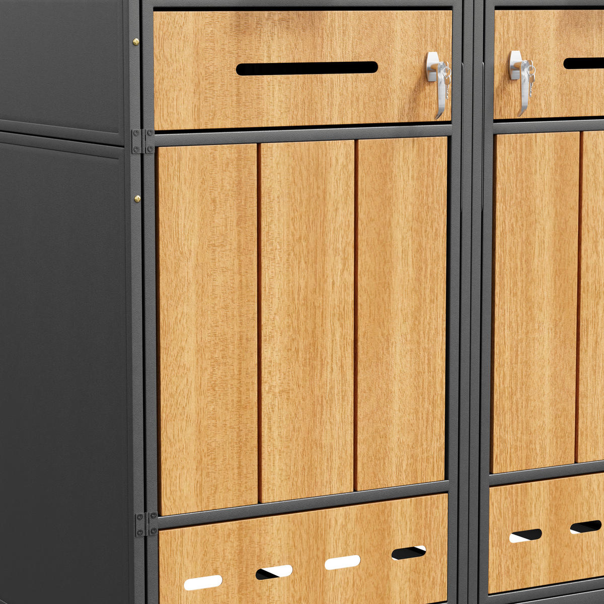 BOX na odpadkové koše z oceli 264x80x118 cm šedá/dekor dřeva se 4 oddíly, výklopným víkem, předními dvířky a větráním - šedá, kov (264/118/80cm) - Modfu