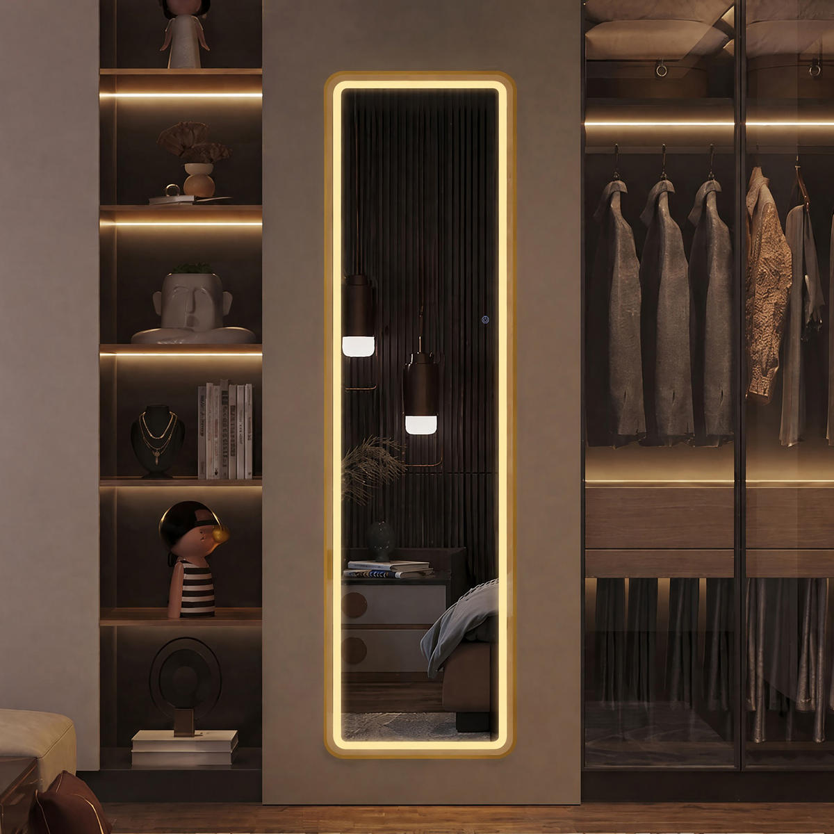 WANDSPIEGEL LED 150 x 40 cm aus Sicherheitsglas, abgerundete rechteckige Form, gold - Goldfarben, Metall (40/150/3cm)