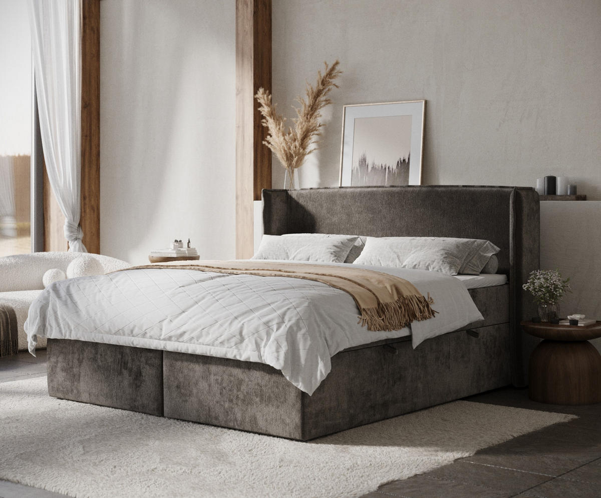 BOXBETT Skyline Dunkeblraun 140/200 cm mit Matratze und Topper - Dunkelbraun/Schwarz, Holz/Holzwerkstoff (140/200cm) - Maison de Reve