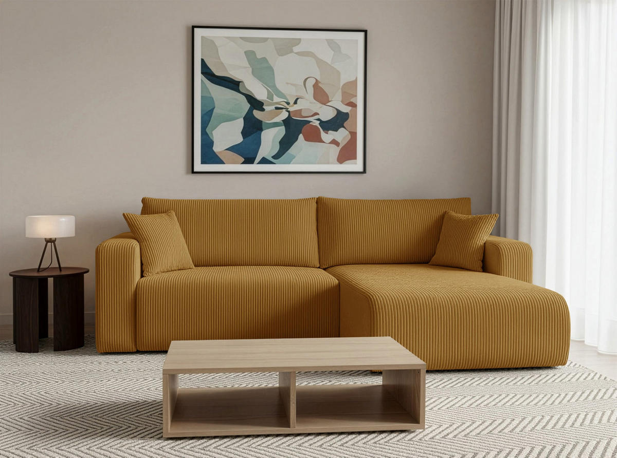 ECKSOFA mit Schlaffunktion Nellio L-Form universal mit Bettkasten Senfgelb Cord - Currygelb/Schwarz, Kunststoff/Textil (245/145cm) - Homebook