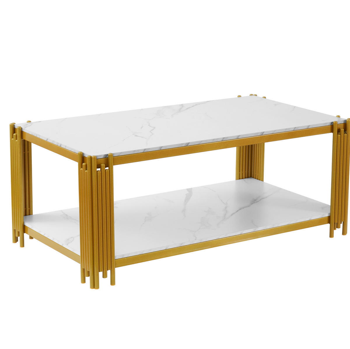 COUCHTISCH aus MDF 114x63x46 cm und Metall Weiß-Gold mit 2 Ablagen - Weiß, Holzwerkstoff (114/63.5/46.3cm) - IVMEU