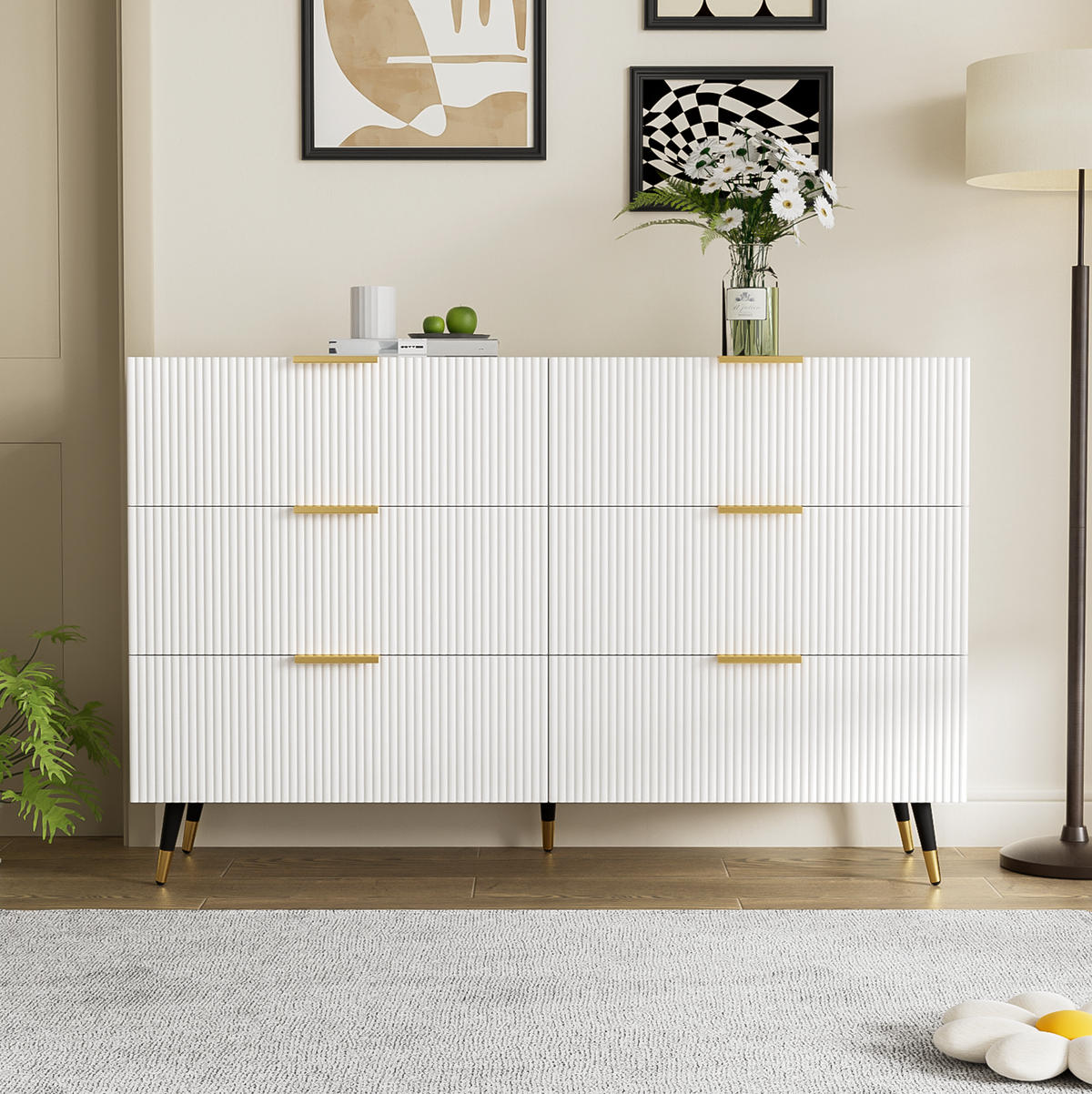 SIDEBOARD 120/40/77 cm aus Spanplatte mit 6 Schubladen Weiß/Goldfarben - Weiß, Holzwerkstoff (120/77/40cm) - Modenvie