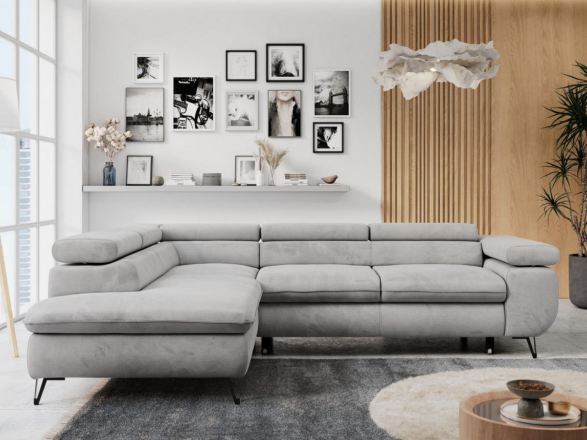 ECKSOFA PETER L Hellgrau Velvet - Links Seite - Hellgrau/Schwarz, Textil/Metall (208/273cm) - MKS