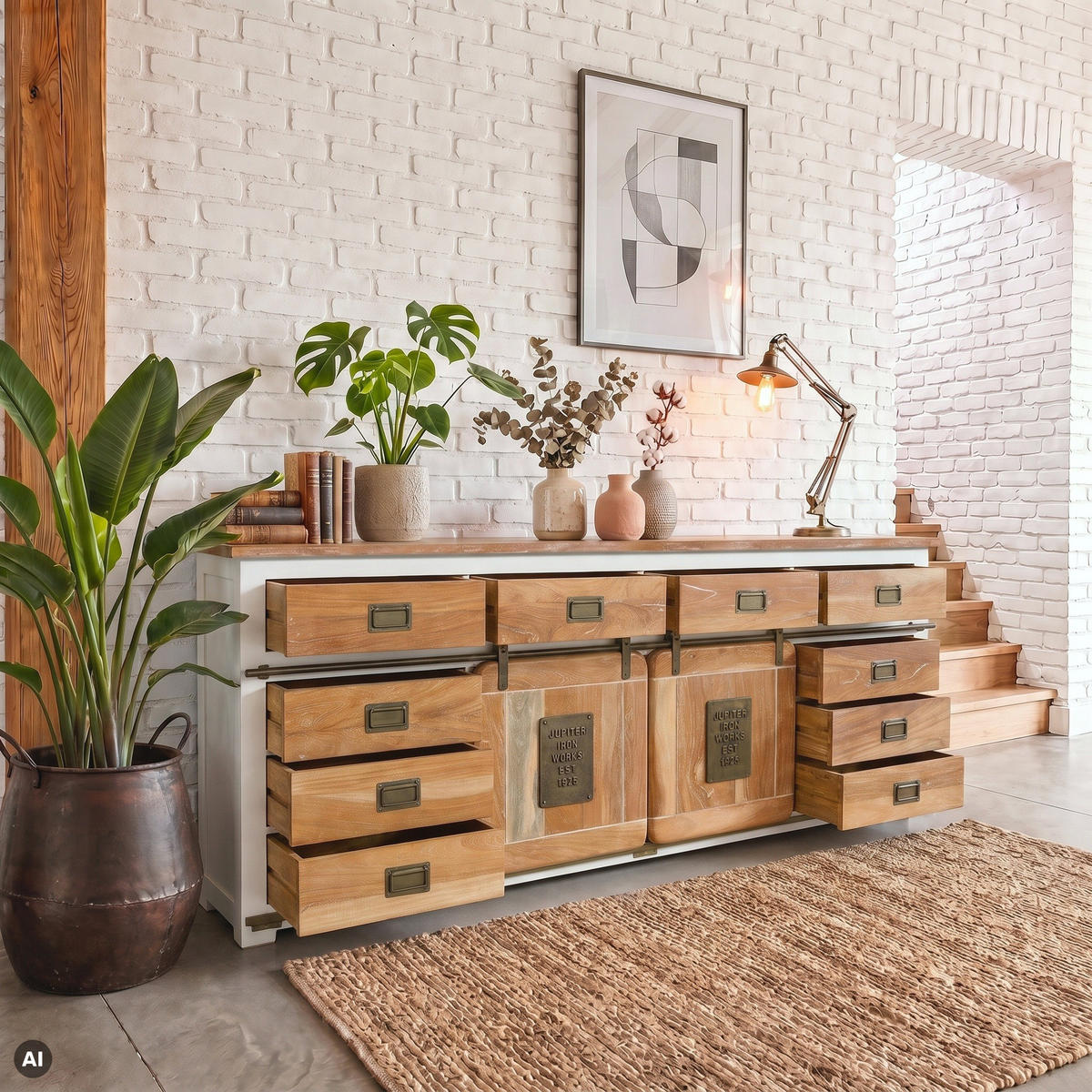 SIDEBOARD Mango 220x45x90 weiß lackiert RAILWAY #592 - Weiß, Holz (220/90/45cm) - Massivmoebel24