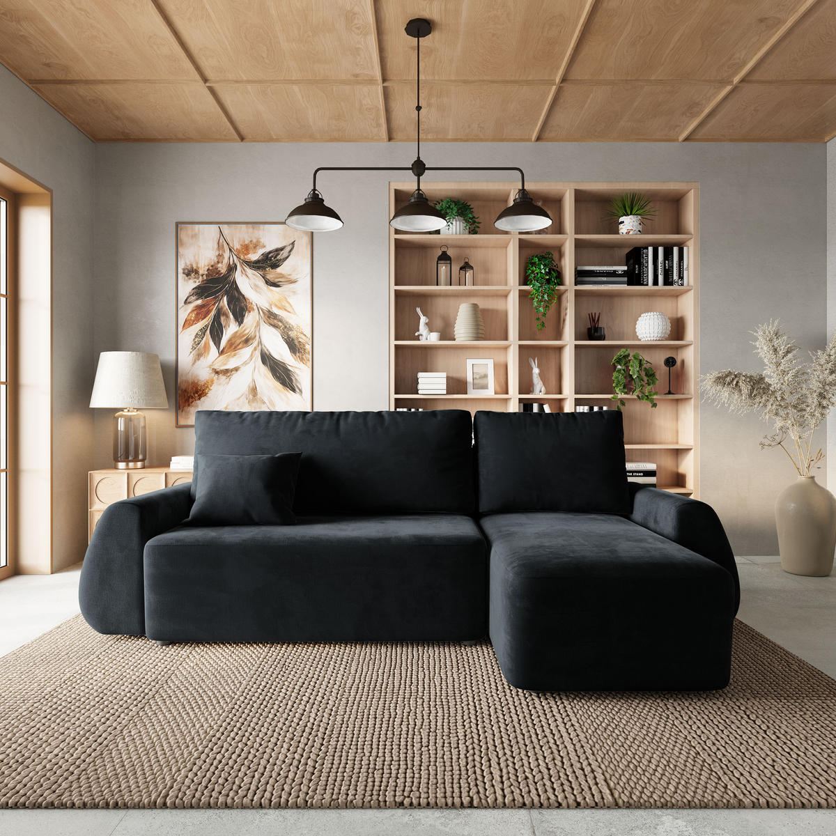 ECKSOFA GALVIS Schwarz Velours-Stoff mit Schlaffunktion - Schwarz, Holz (256/156cm) - MASSENO