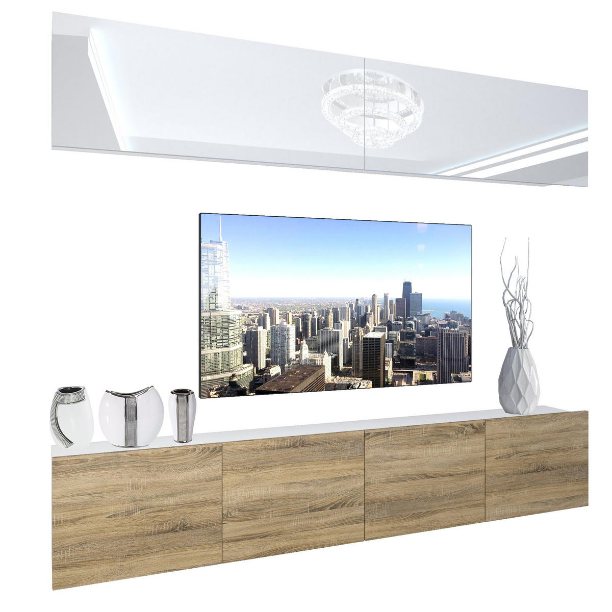 WOHNZIMMERWAND Schrankwand mit LED Weiß / Sonoma Eiche - Weiß/Sonoma Eiche, Holz (200/180/36cm) - B BELINI GROUP