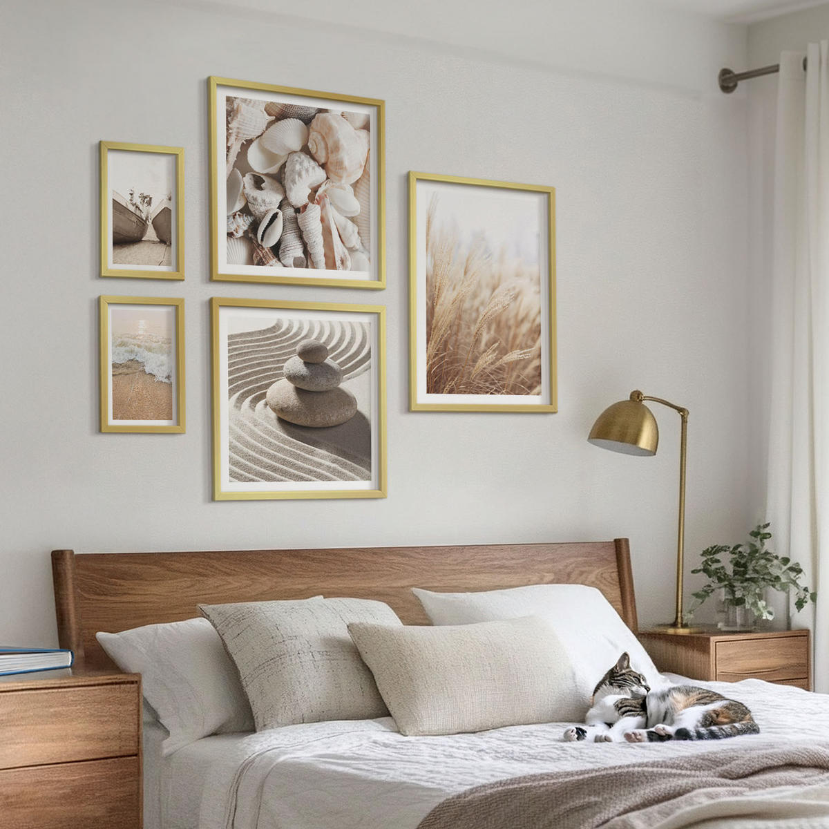 WANDBILDER 5er Set - 50x50 cm & 20x30 cm & 40x60 cm Goldrahmen - Wolkenmeer, Traumfänger, Gras - Goldfarben, Kunststoff (40/60cm) - ArtPrintCave