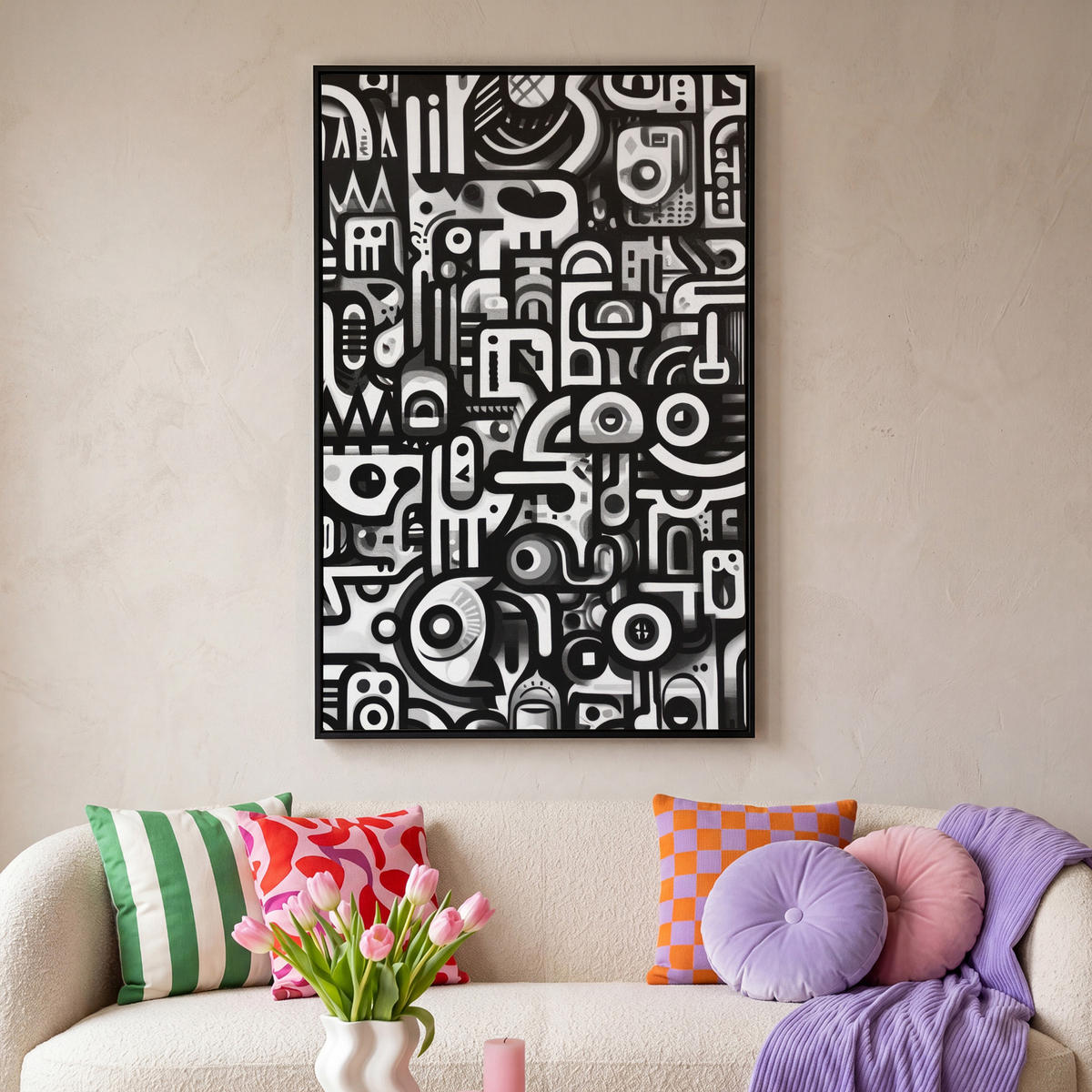 LEINWAND Bilder mit Rahmen - Symbole - Abstrakt - Grafik - Schwarz - 90x140 - Schwarz, Textil (90/140cm) - MuchoWow