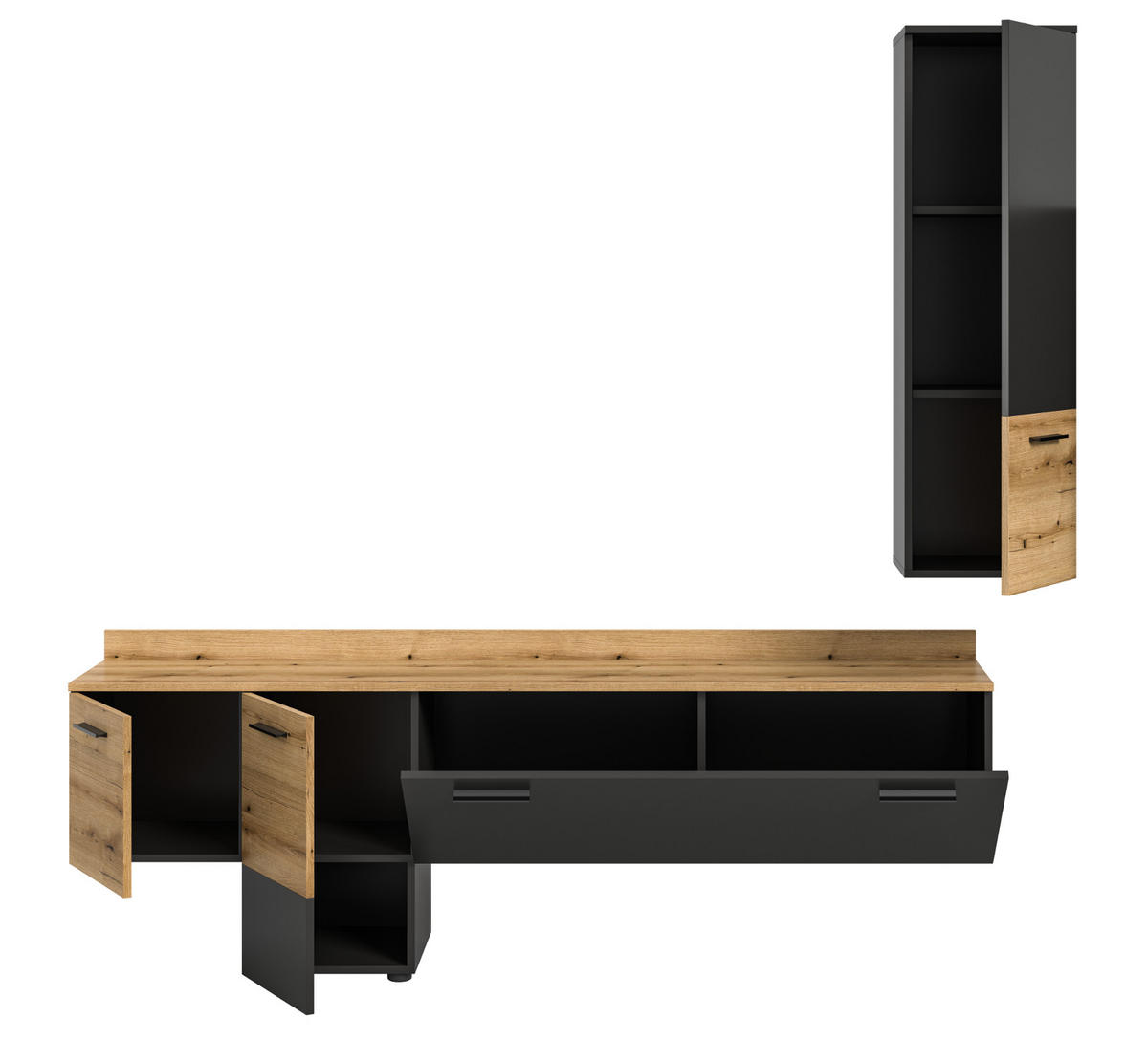 WOHNWAND grau, Evoke Eiche 195 cm, Schrankwand mit Soft-Close - Eichefarben/Schwarz, Holzwerkstoff/Kunststoff (195/196/37cm) - Inn.Furn