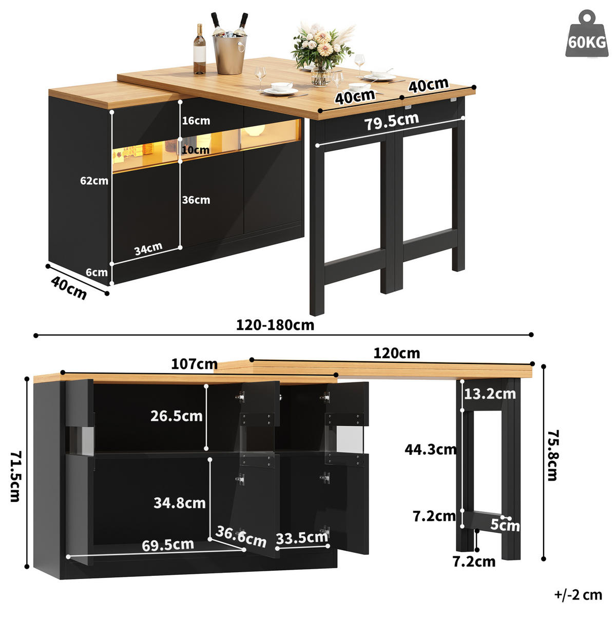 BARTISCH, MDF mit LED & 360° drehbar, ausziehbar 120-180/40/71,5 cm, Schwarz - Schwarz, Holzwerkstoff (40/71.5/107cm) - Redom