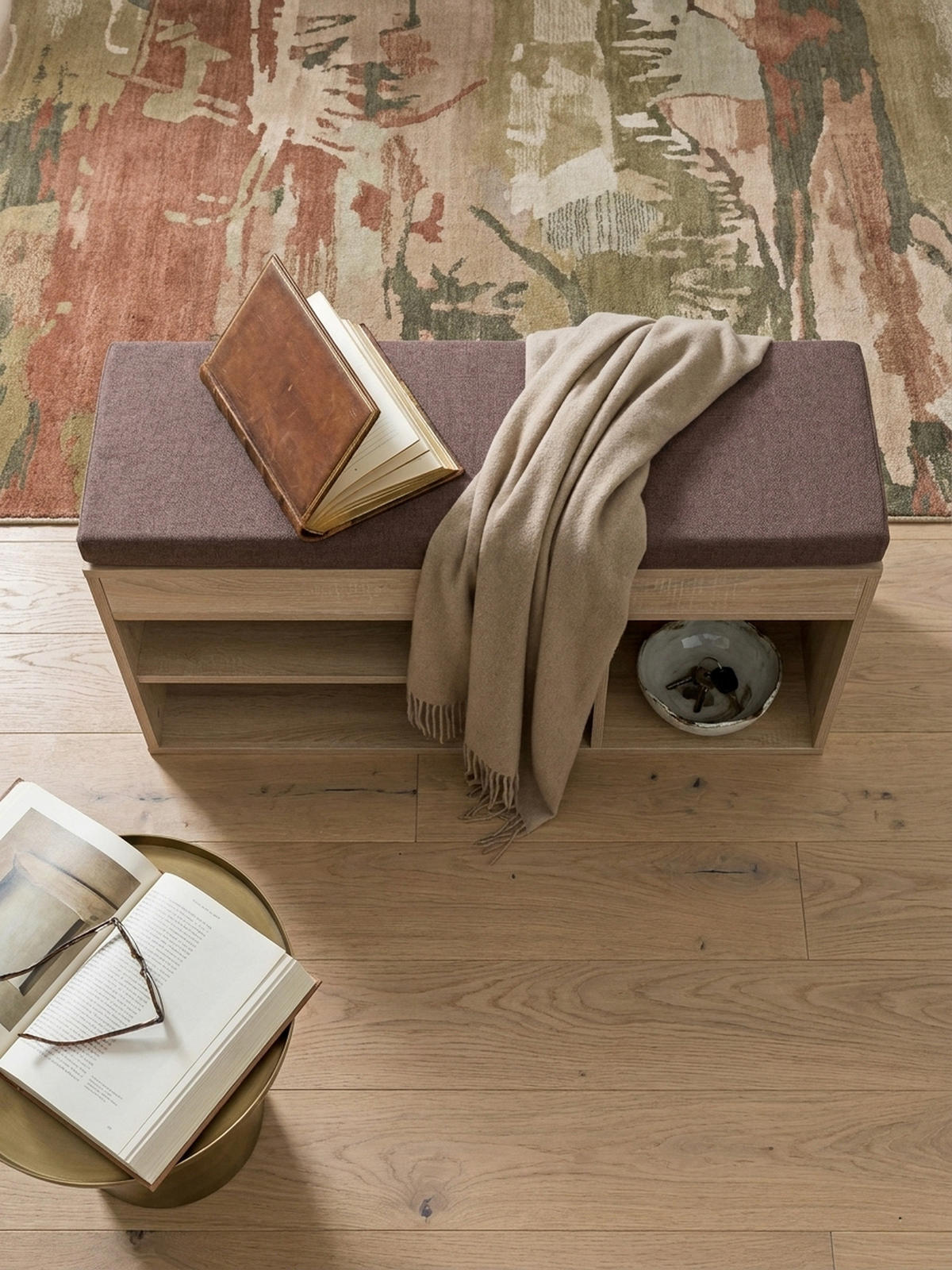 GARDEROBENBANK Holz gepolstert mit Stauraum, Beige 104x32x51 cm - Beige/Braun, Holz/Textil (104/51/32cm) - KADIMA DESIGN