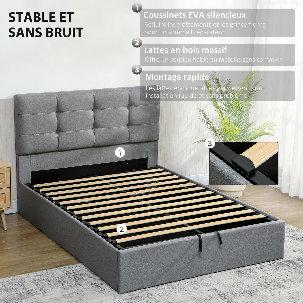 BETT 140x190 cm DE-14637 mit Lift-Stauraum und gepolstertem Kopfteil Grau - Grau, Textil (140/190cm) - ComfortXL
