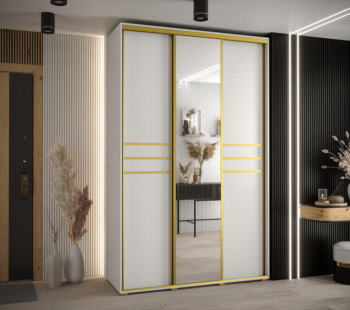 SCHWEBETÜRENSCHRANK 235,2/150/45 3-türig - Goldfarben/Weiß, Holz/Metall (150/235/45cm) - Abiks Möbel
